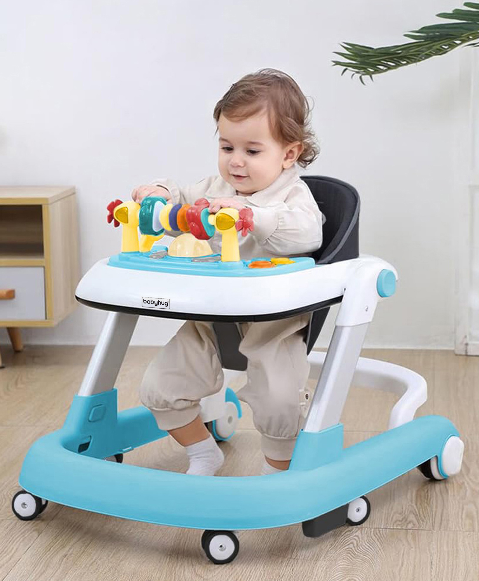Babyhug 2 in 1 Baby Walker with Anti Fall Protection & Adjustable Height-Blue| Push Walker| Rear Wheels with Speed Control| Soft Padded Seat| Smooth Swivel Wheels| Musical Toy Tray with Engaging Toys-image-30