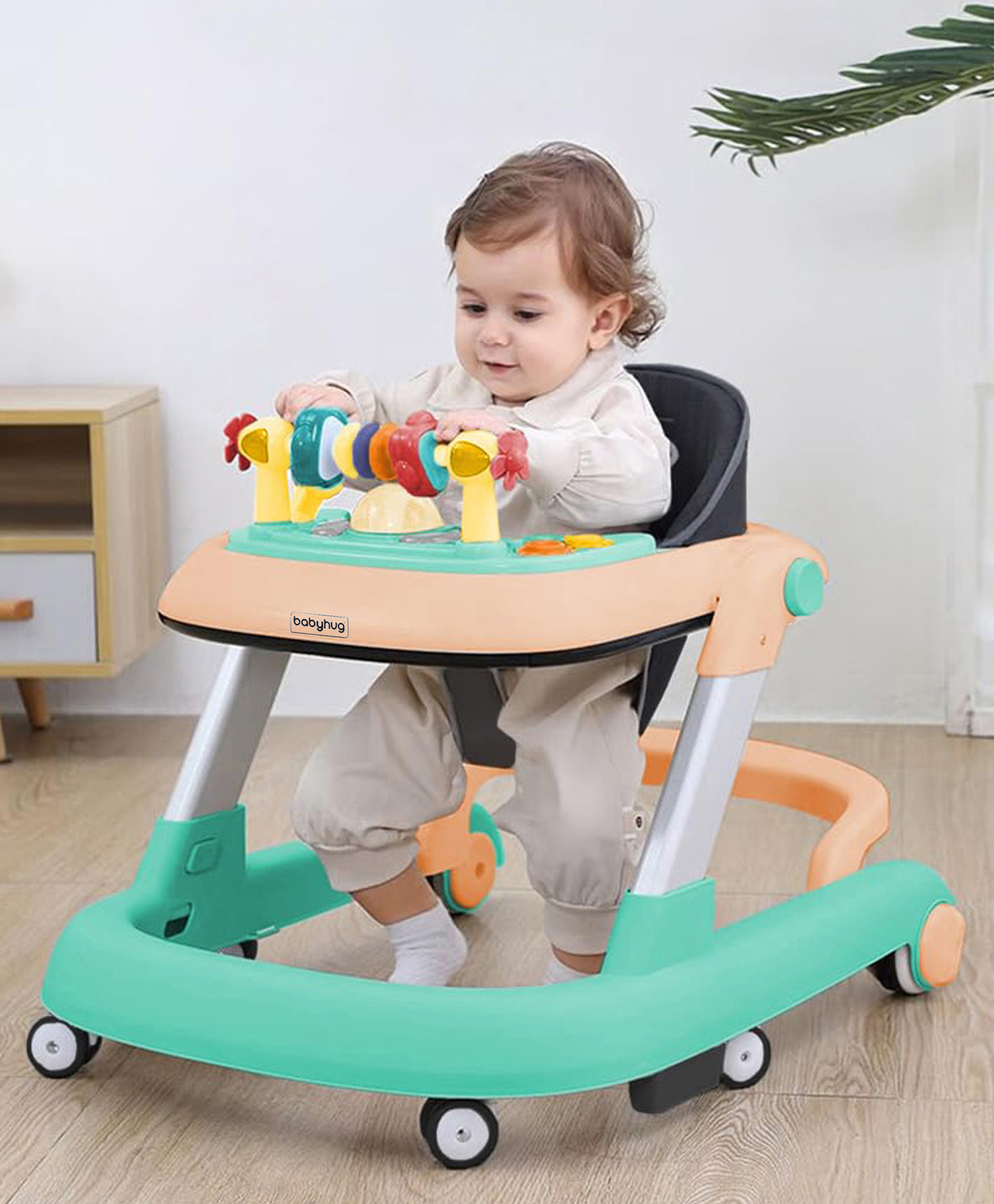 Babyhug 2 in 1 Baby Walker with Anti Fall Protection & Adjustable Height-Peach| Push Walker| Rear Wheels with Speed Control| Soft Padded Seat| Smooth Swivel Wheels| Musical Toy Tray with Engaging Toys-image-31