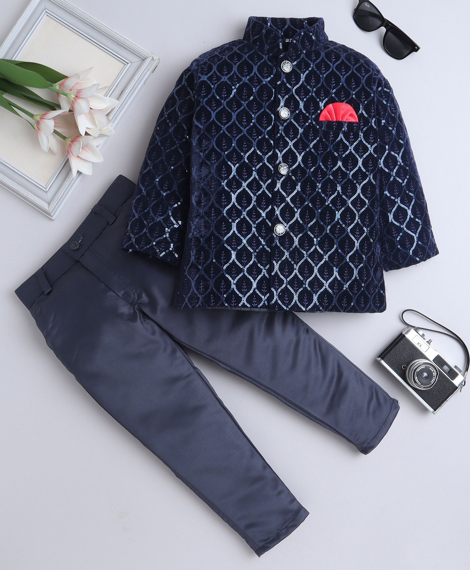 Fourfolds Velvet Woven Full Sleeves Sequins Embellished Leaves Embroidered Jodhpuri Blazer & Trousers Set - Navy Blue-picture-21