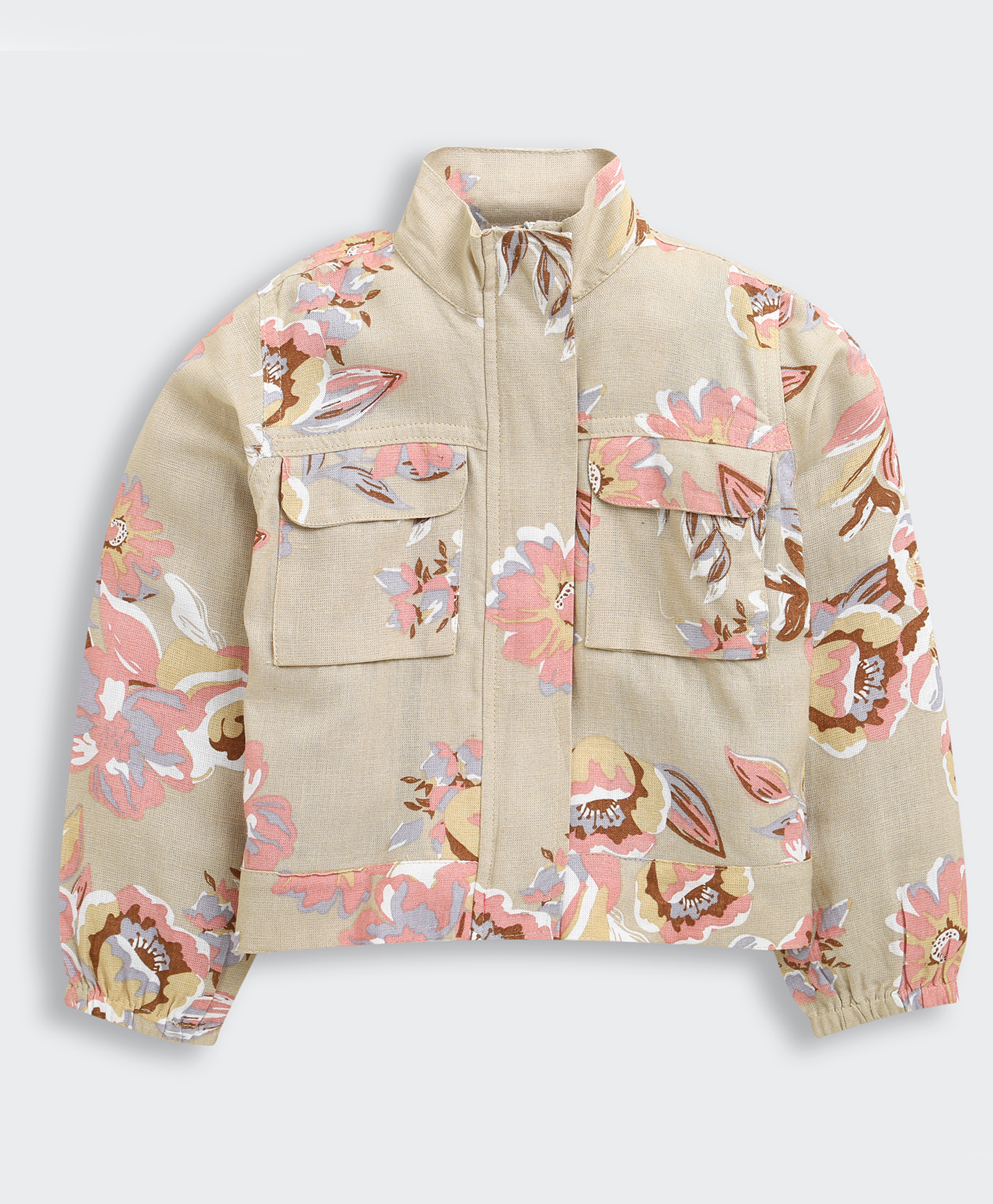 Tiny Girl Cotton Woven Full Sleeves Floral Printed Zipper Jacket - Fawn-picture-28