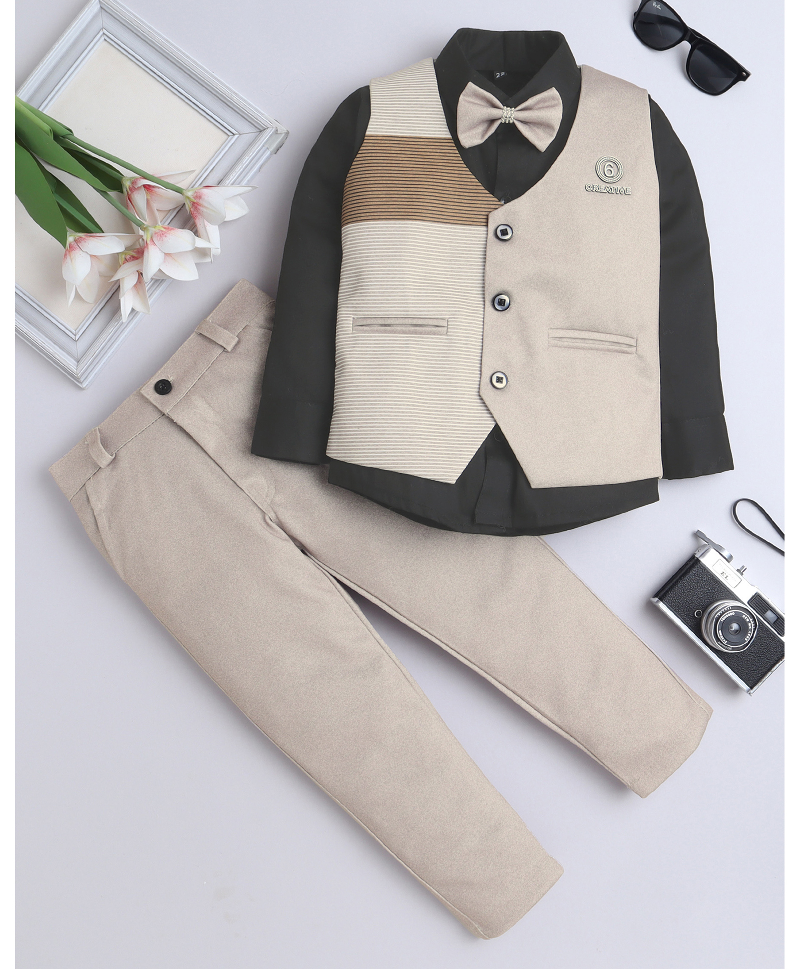 Fourfolds Cotton Blend Woven Full Sleeves Striped 3 Piece Party Suit Set With Bow - Beige-picture-12