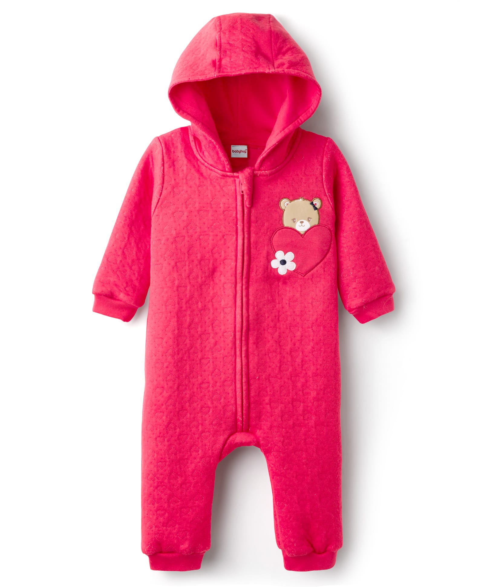 Babyhug Cotton Knit Full Sleeves Front Open Hooded Winter Wear Romper with Hearts Floral & Teddy Detailing - Red-image-7