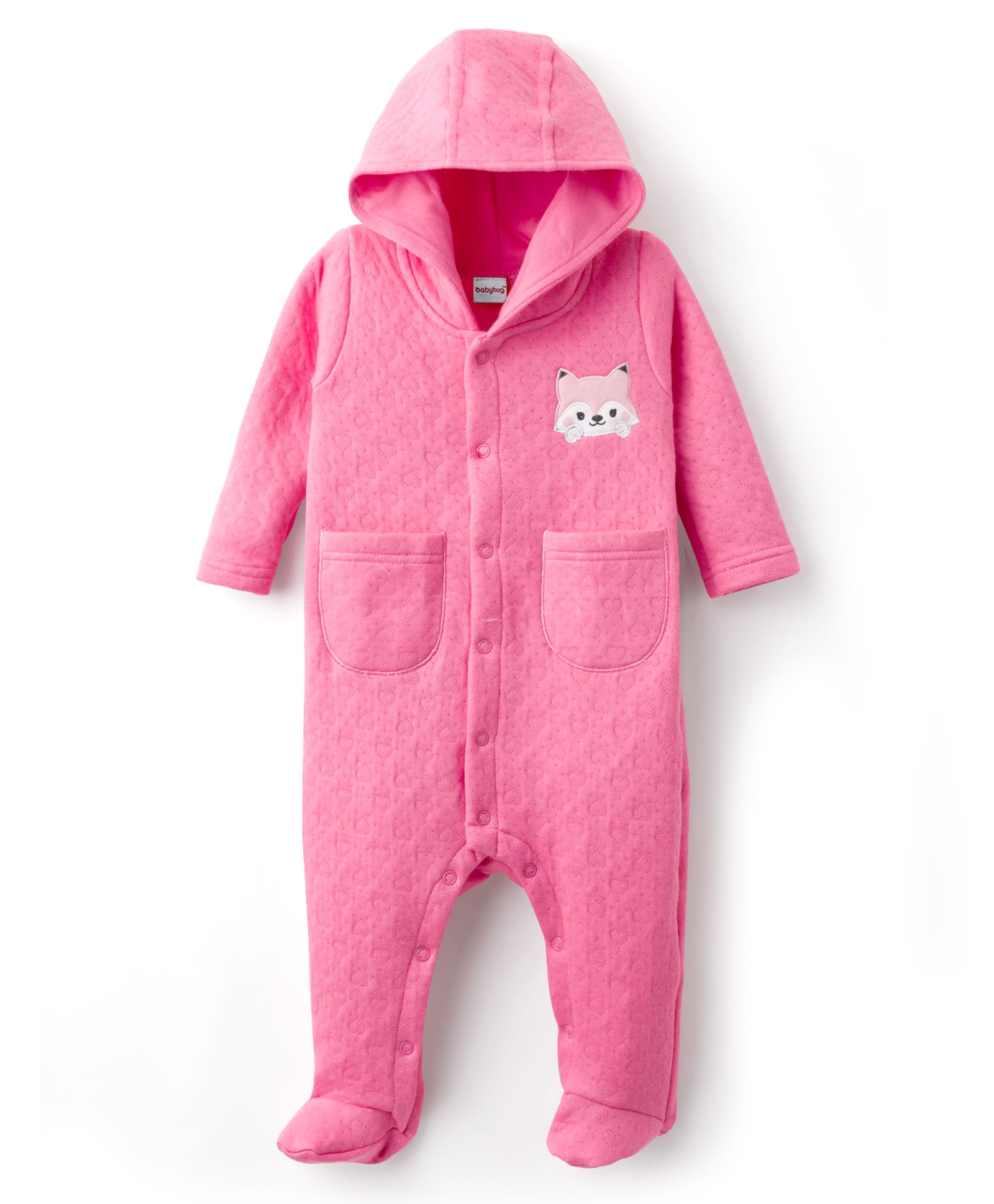Babyhug Cotton Knit Full Sleeves Footed & Hooded Romper With Animal Embroidery - Pink-picture-16