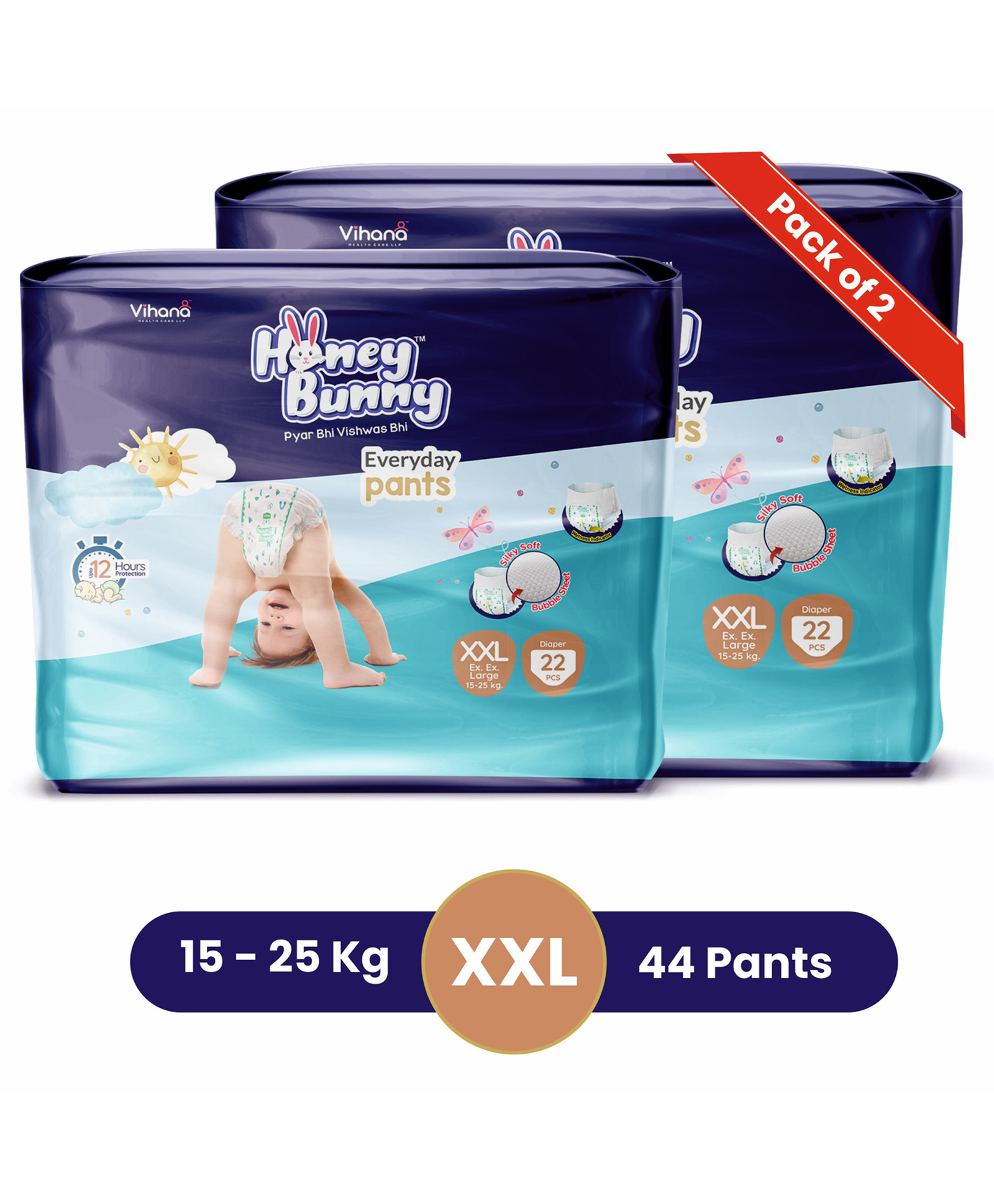 Honey Bunny Baby Pants Diapers with Wetness Indicator, Silky Soft - Bubble sheet, Extra Extra Large -(22 pcs) ( Pack of 2) - XXL (44 pcs)-image-7