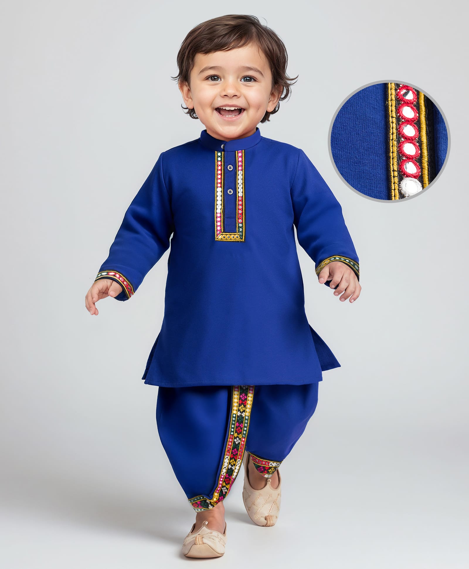 EARTHY TOUCH Single Jersey Knit Full Sleeves Solid Color Kurta Dhoti Set with Lace Detailing - Blue-image-42