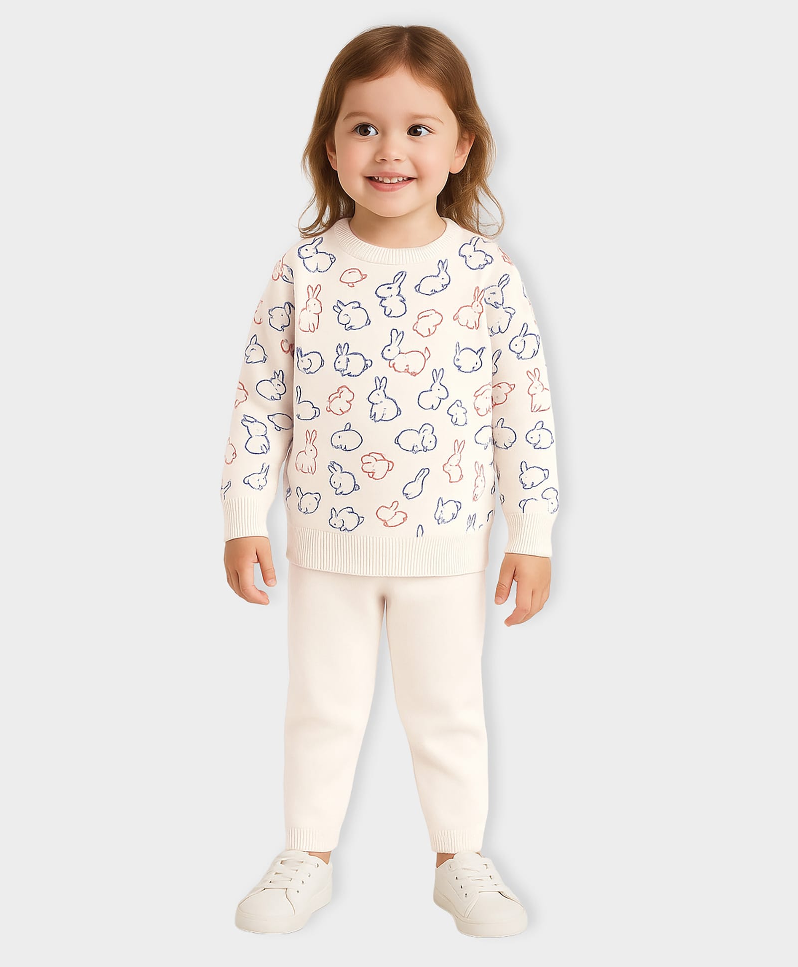 Mi Arcus Cotton Blend Knit Full Sleeves Bunny Printed Sweatshirt & Joggers Set - Cream-image-30