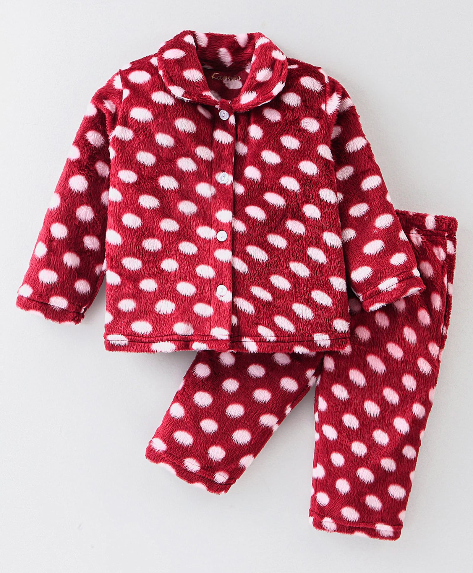 Kanvin Velour Full Sleeves Co-ord Winter Night Suit With Polka Dots Print -Maroon-image-35