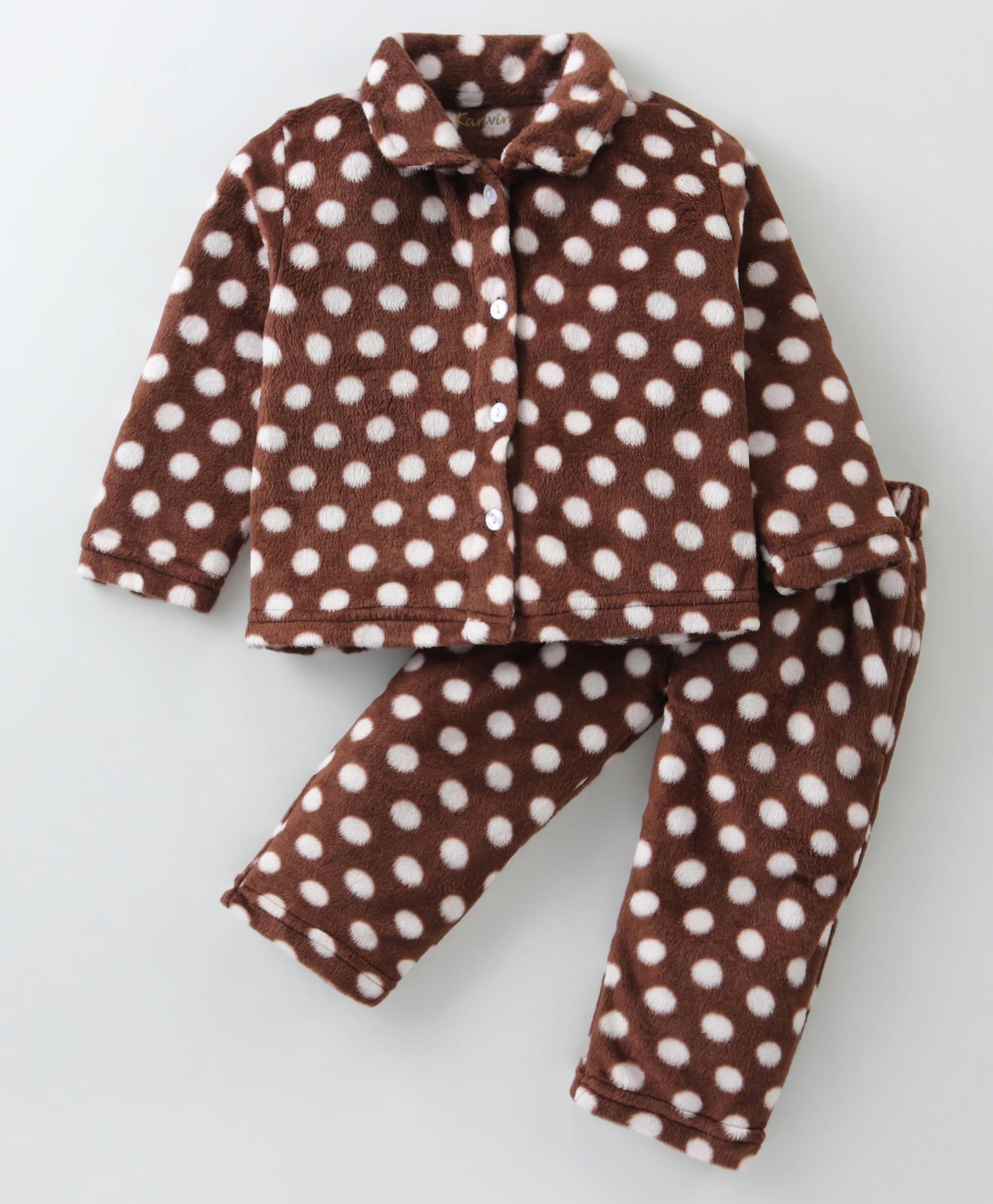 Kanvin Velour Full Sleeves Co-ord Winter Night Suit With Polka Dots Print - Brown-image-31