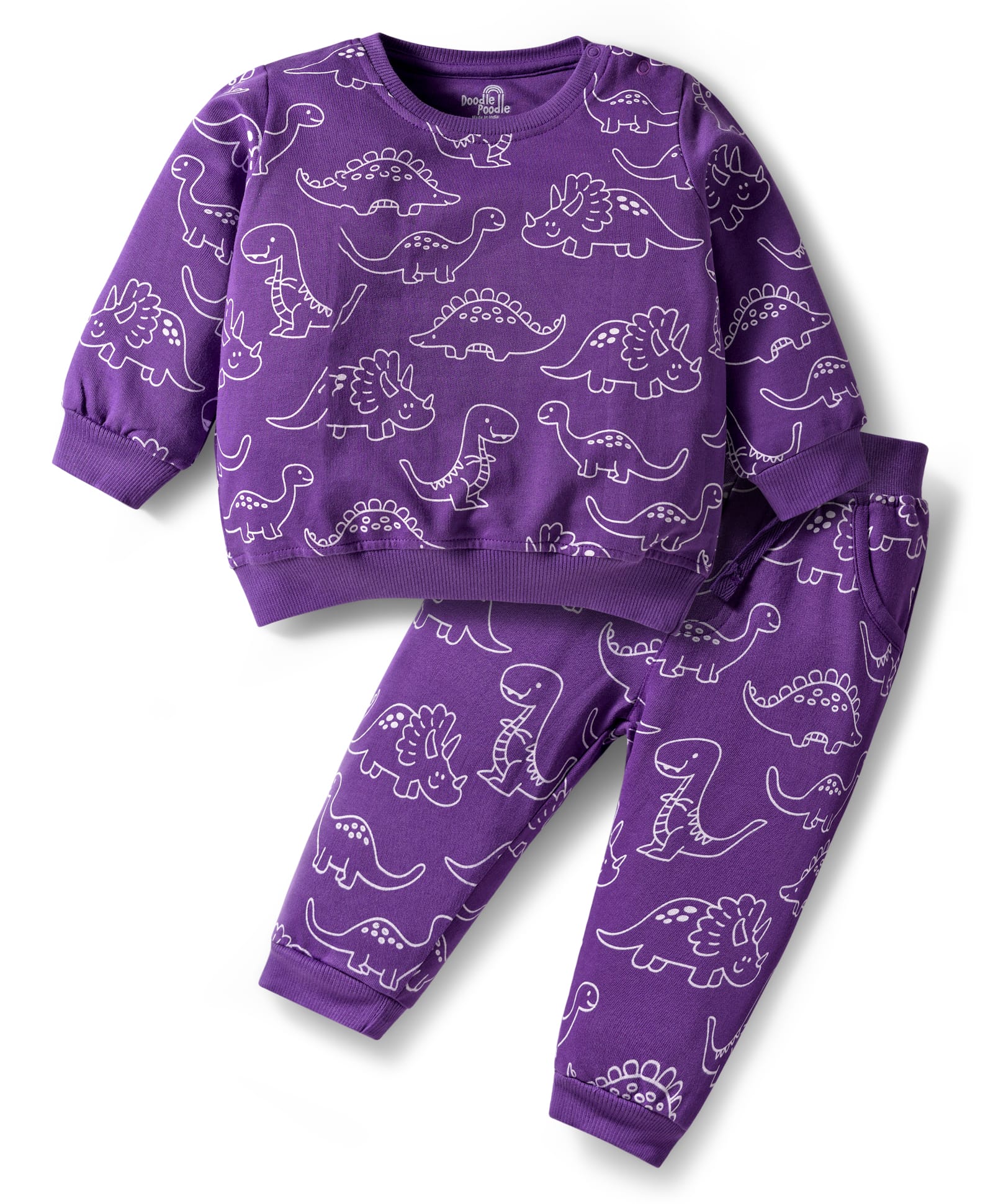 Doodle Poodle 100% Cotton Terry Knit Winter Wear Co-ords T-Shirt & Lounge Pant With Dino Print - Violet-picture-46