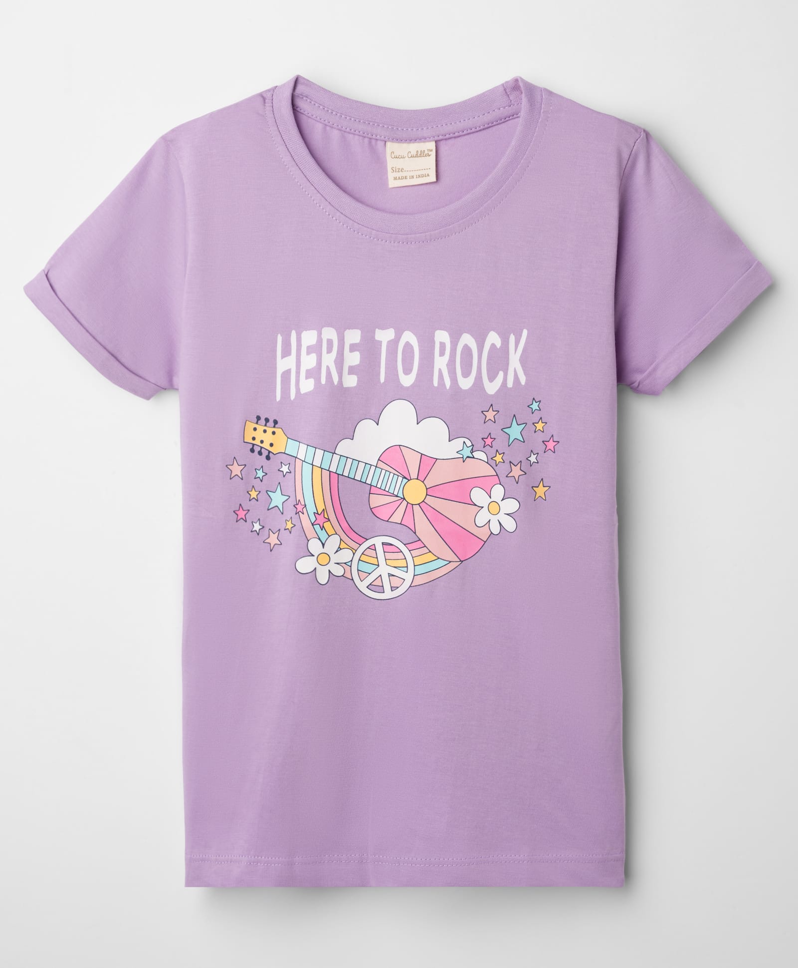 CUCUMBER Sinker Knit Half Sleeves T-Shirt with Here to Rock Text Print - Lilac-picture-15