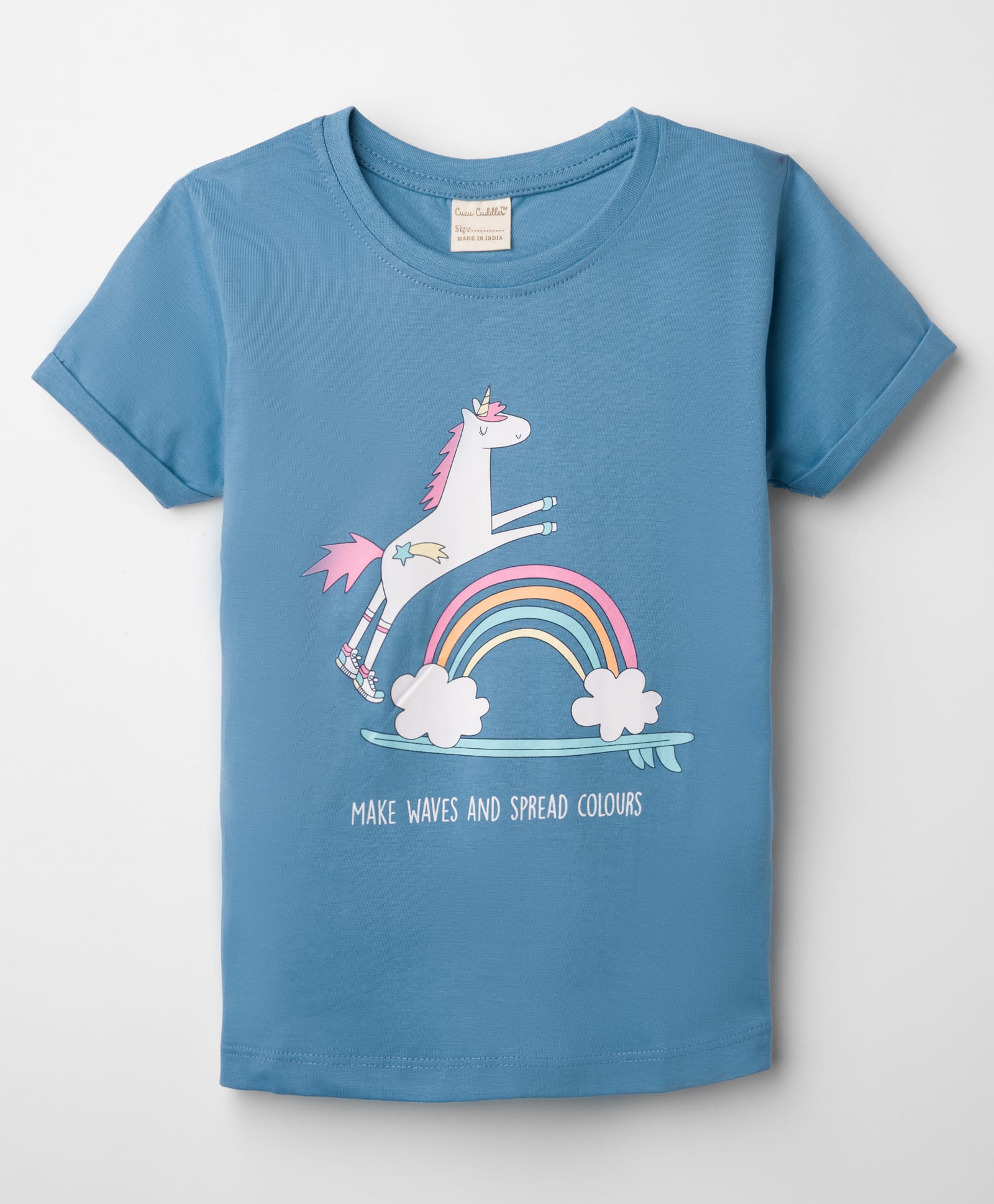 CUCUMBER Sinker Knit Half Sleeves T-Shirt with Rainbow & Unicorn Print - Blue-picture-22