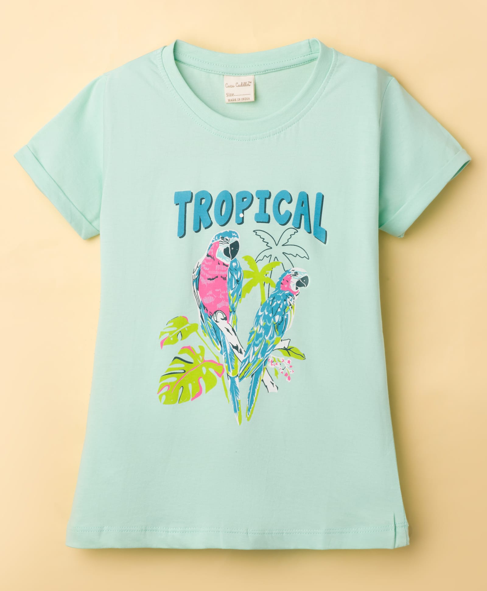 CUCUMBER Sinker Knit Half Sleeves T-Shirt with Bird Print - Light Green-picture-13