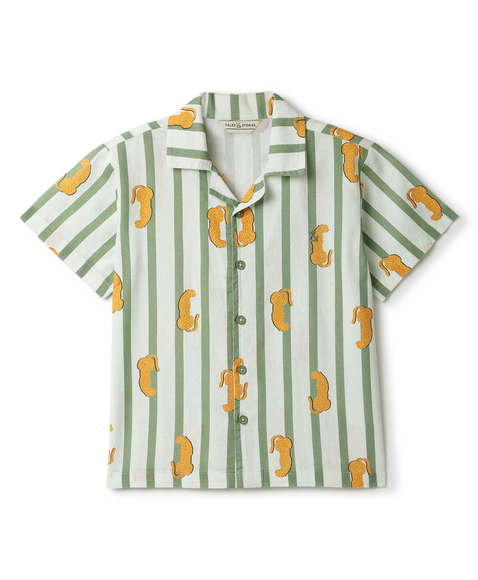 Tales & Stories Cotton Woven Half Sleeves Striped & Leopard Printed Shirt - Olive Green-image-23