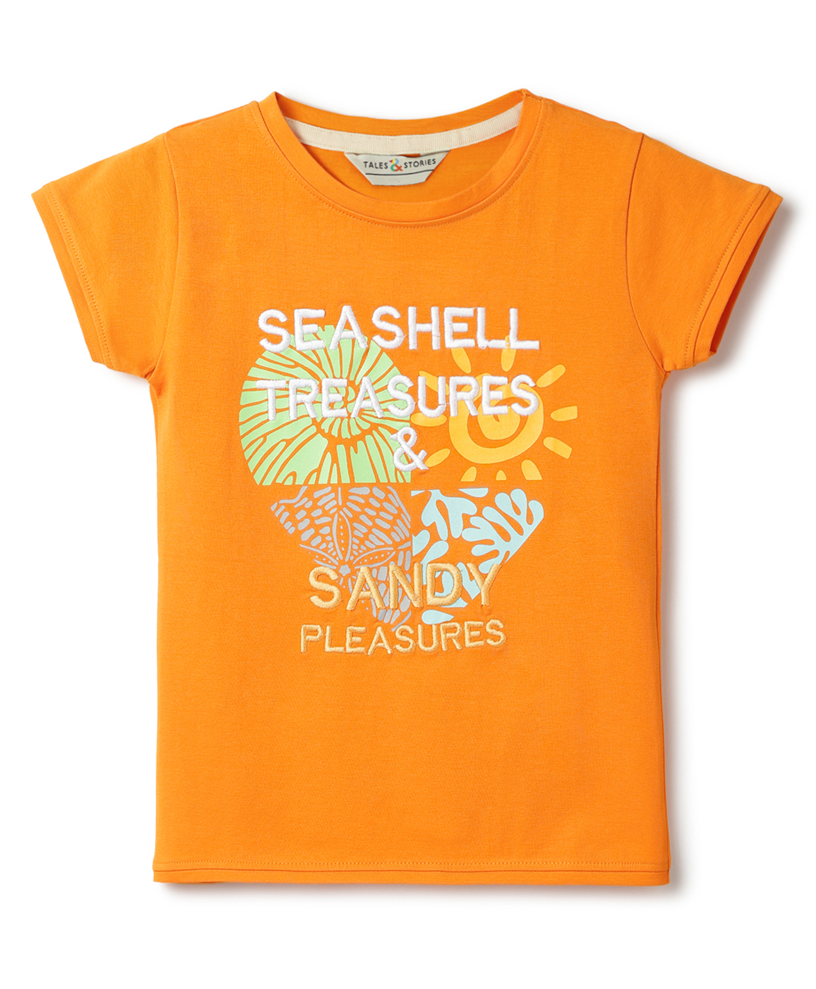Tales & Stories Cotton Knit Half Sleeves Seashell Treasures Text Printed Tee - Orange-picture-37