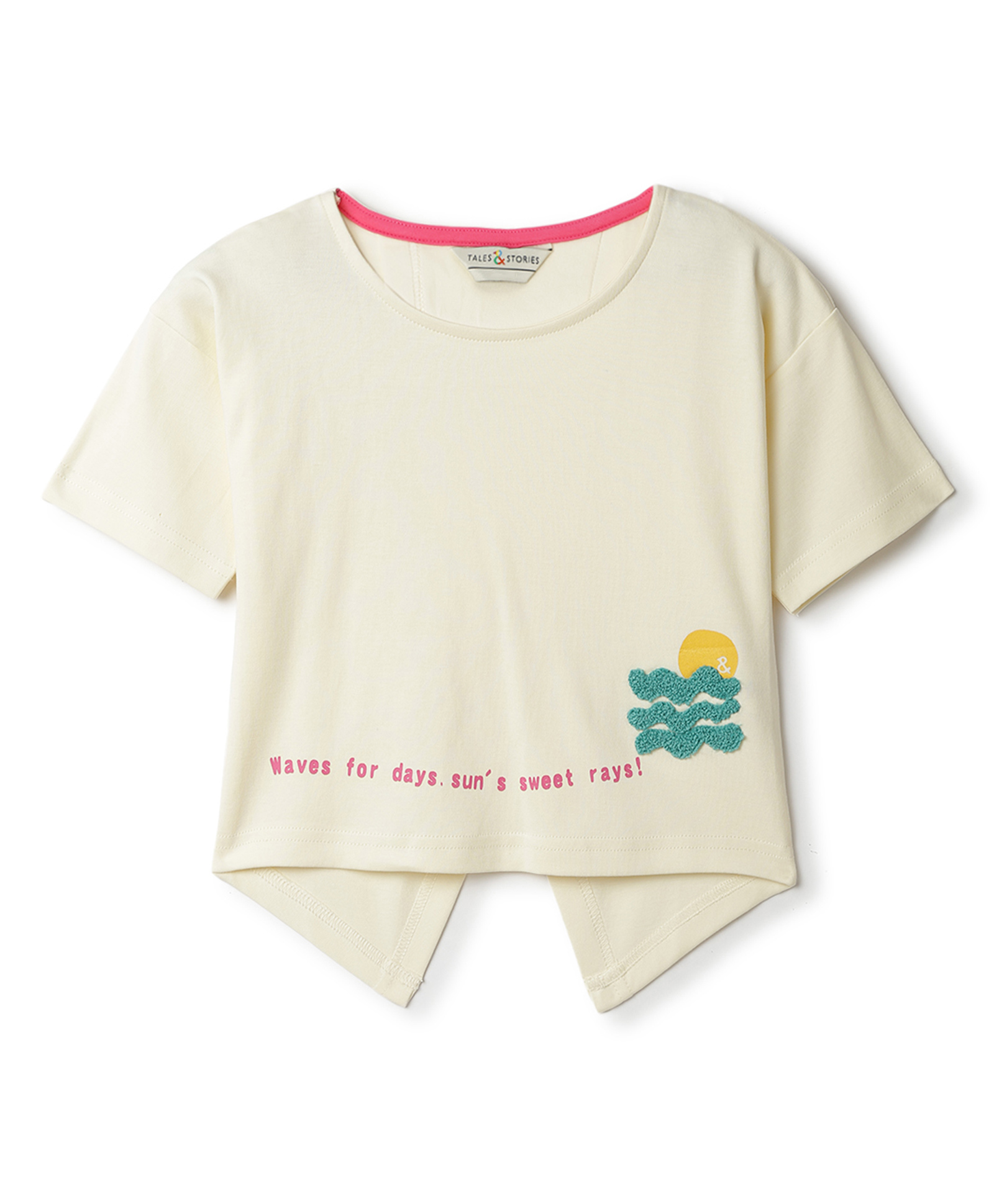 Tales & Stories Cotton Knit Half Sleeves Waves For Days Text Printed Back Cut Detailed Top - Off White-image-14