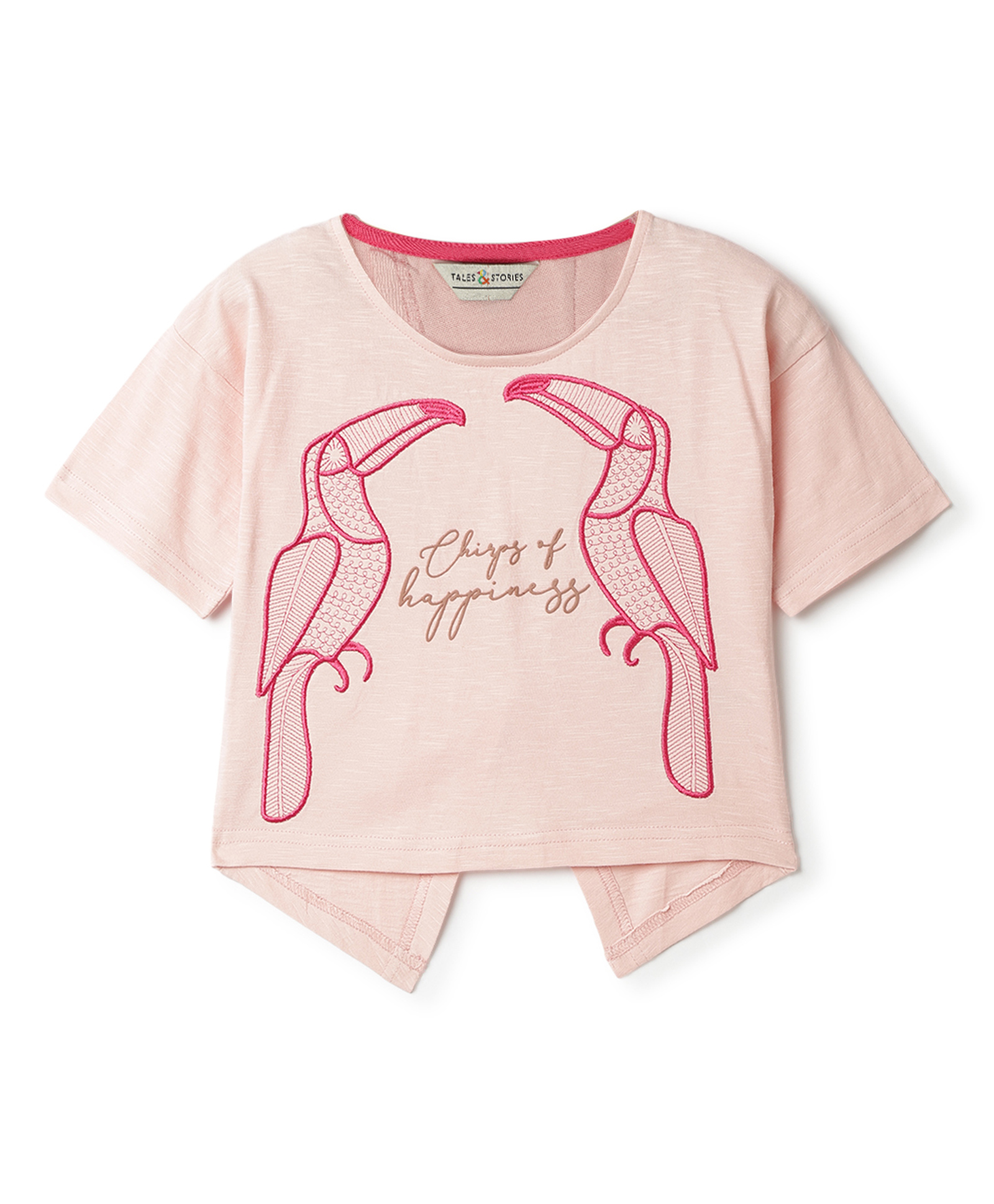 Tales & Stories Cotton Knit Half Sleeves Chirps Of Happiness Text Printed Back Cut Detailed Top - Baby Pink-picture-38