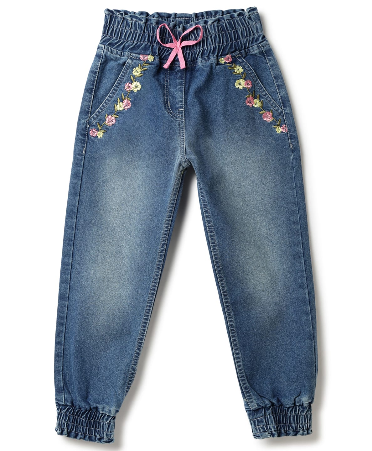 Tales & Stories Denim Woven Floral Embroidered Mild Washed Joggers - Mid Blue-picture-39