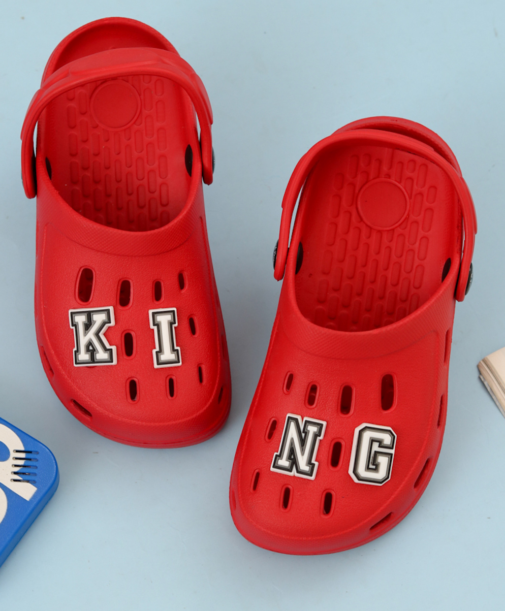 Yellow Bee Solid Perforated Clogs With King Text Charms - Red-picture-29