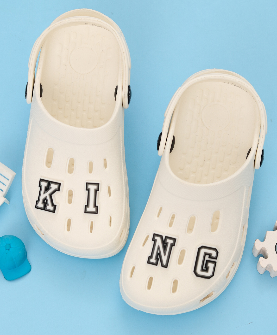 Yellow Bee Solid Perforated Clogs With King Text Charms - White-picture-35