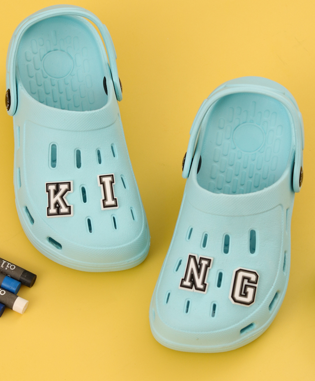 Yellow Bee Solid Perforated Clogs With King Text Charms - Light Blue-picture-28