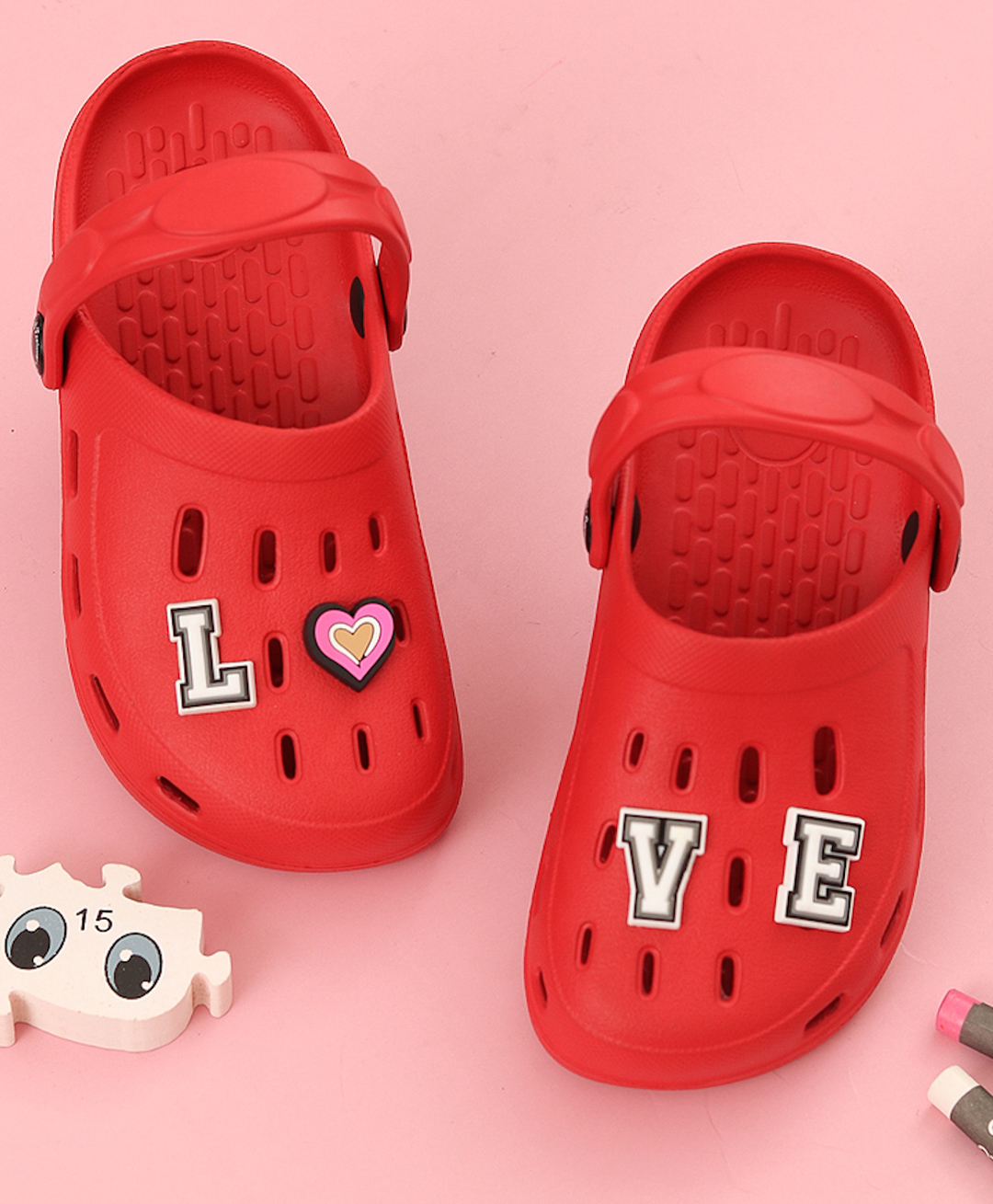 Yellow Bee Solid Perforated Clogs With Love Text & Heart Charms - Red-picture-25