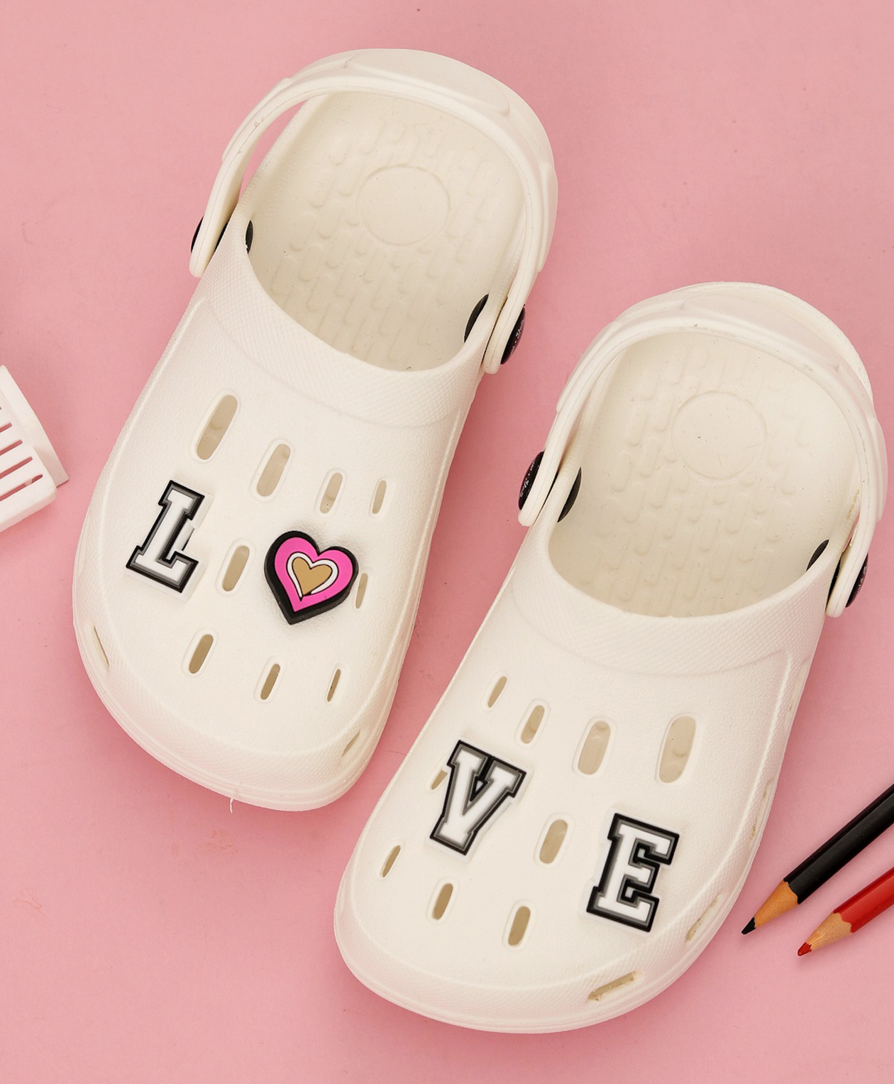 Yellow Bee Solid Perforated Clogs With Love Text & Heart Charms - White-picture-24