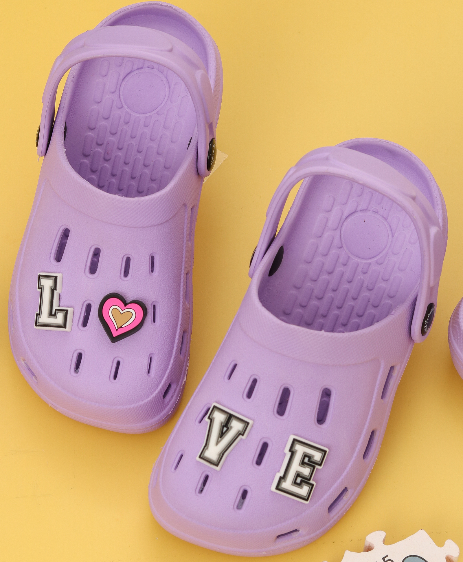 Yellow Bee Solid Perforated Clogs With Love Text & Heart Charms - Purple-picture-42