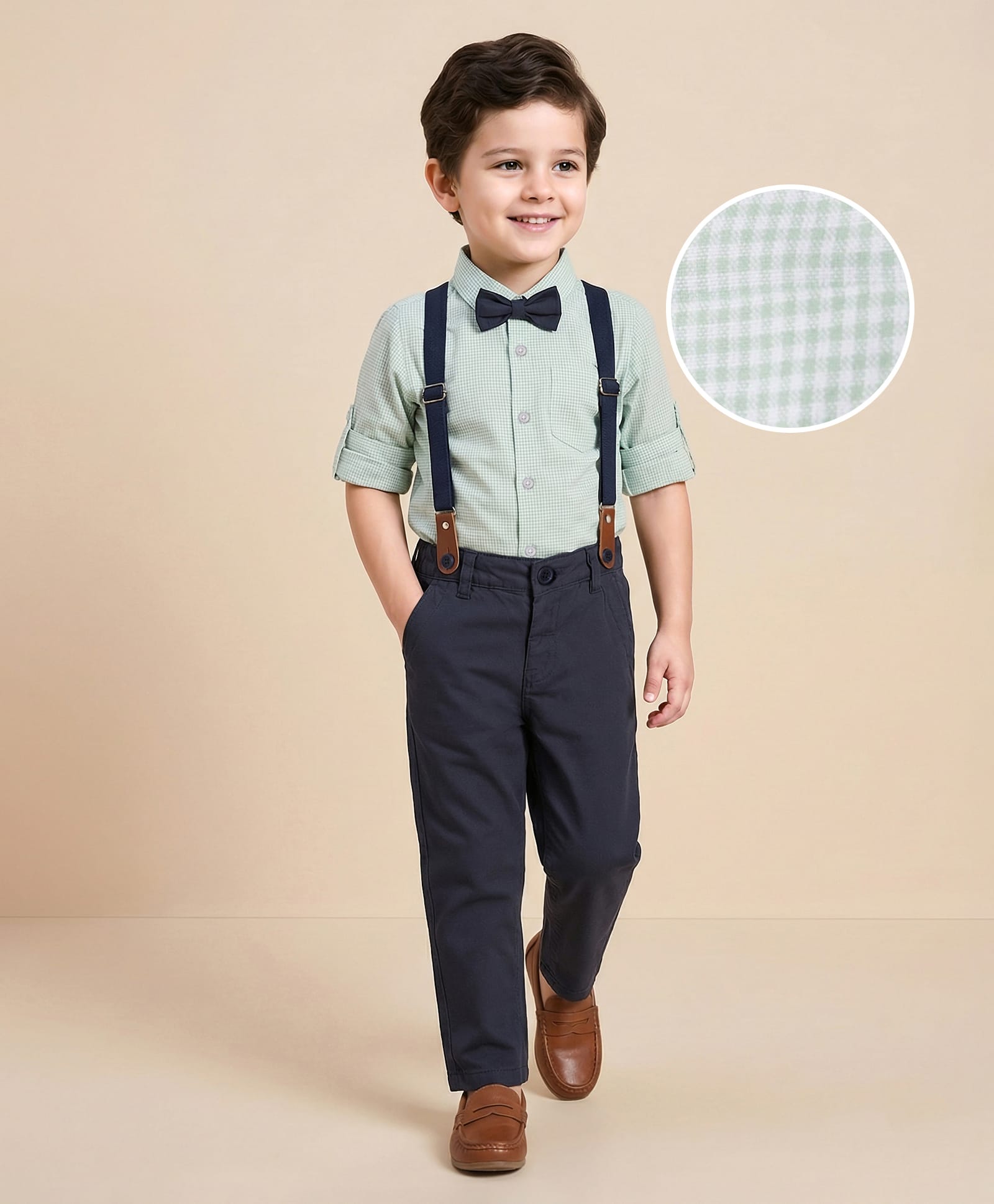 Mark & Mia Woven Full Sleeves Checkered Party Shirt & Trouser Set with Bow & Suspender - Multicolor-picture-20