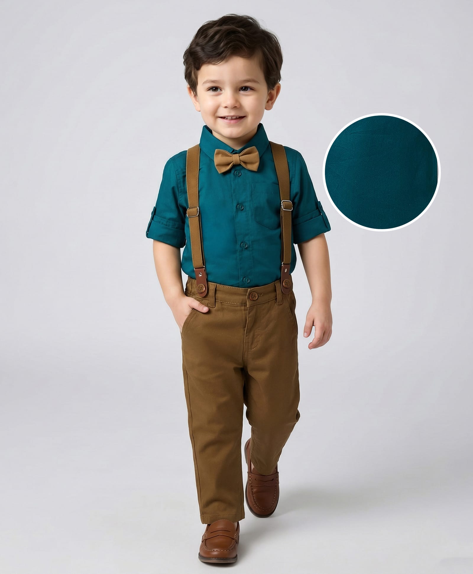 Mark & Mia Woven Full Sleeves Party Wear Solid Shirt & Trouser Set with Suspender & Bow - Teal Blue & Tan-picture-24
