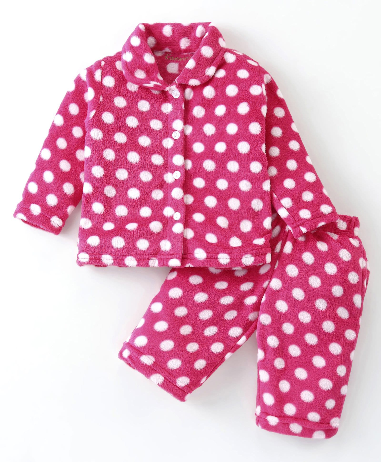 Kanvin Velour Full Sleeves Winter Night Suit With Polka Dot Print - Fuchsia-image-36