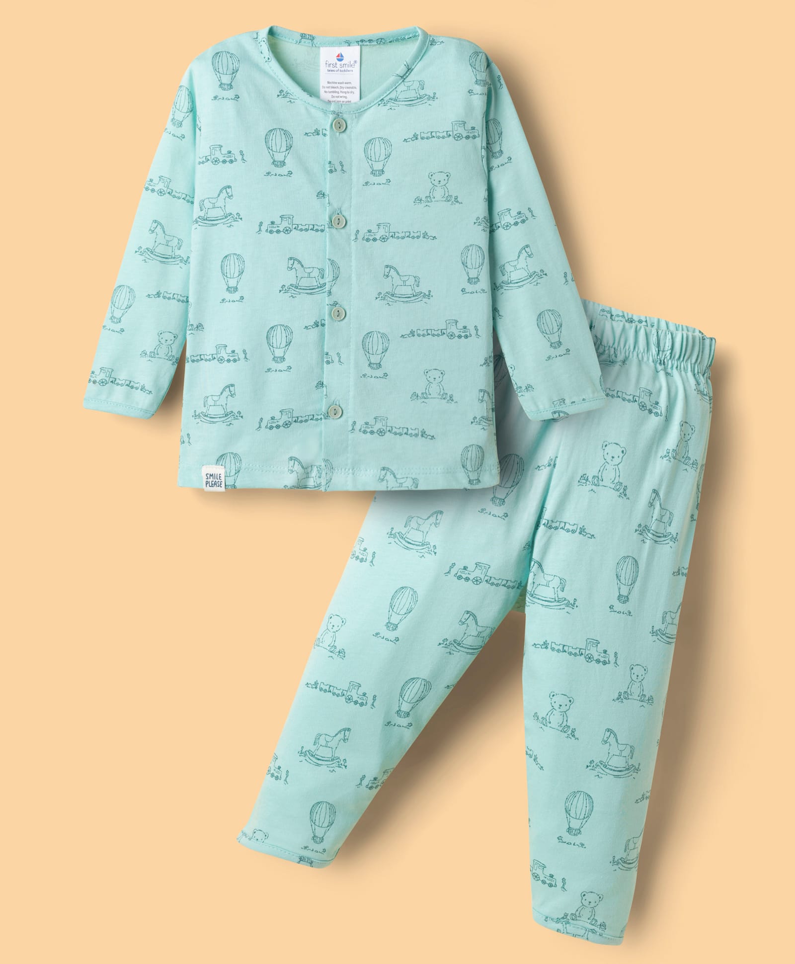 First Smile Sinker Knit Full Sleeves Co-ords Night Suit With Animal Print - Sea Green-image-4