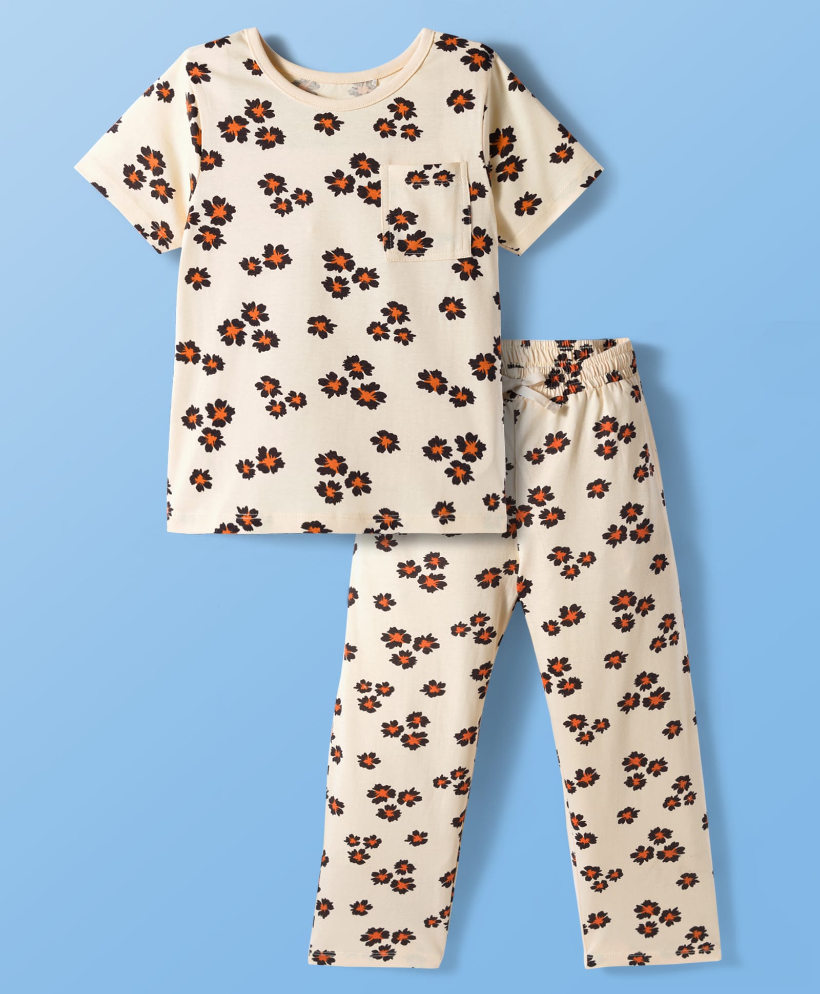 Pine Kids Cotton Knit Half Sleeves Co-ords Night Suit With Floral Print - Cream-picture-35