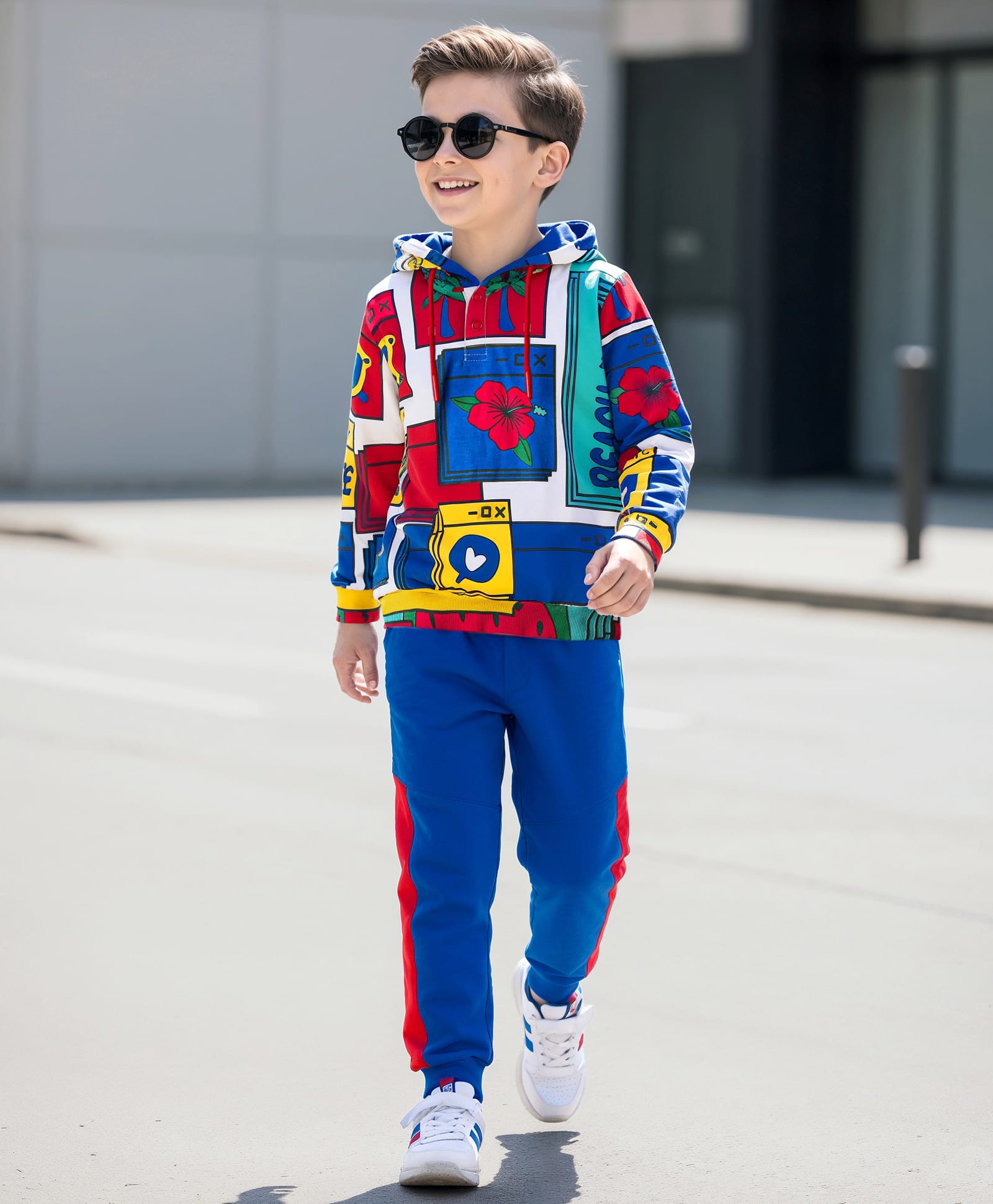 OLLINGTON ST. Cotton Knit Full Sleeves Floral Printed Hoodie Sweatshirts & Joggers Set - Multicolor & Royal Blue-picture-19