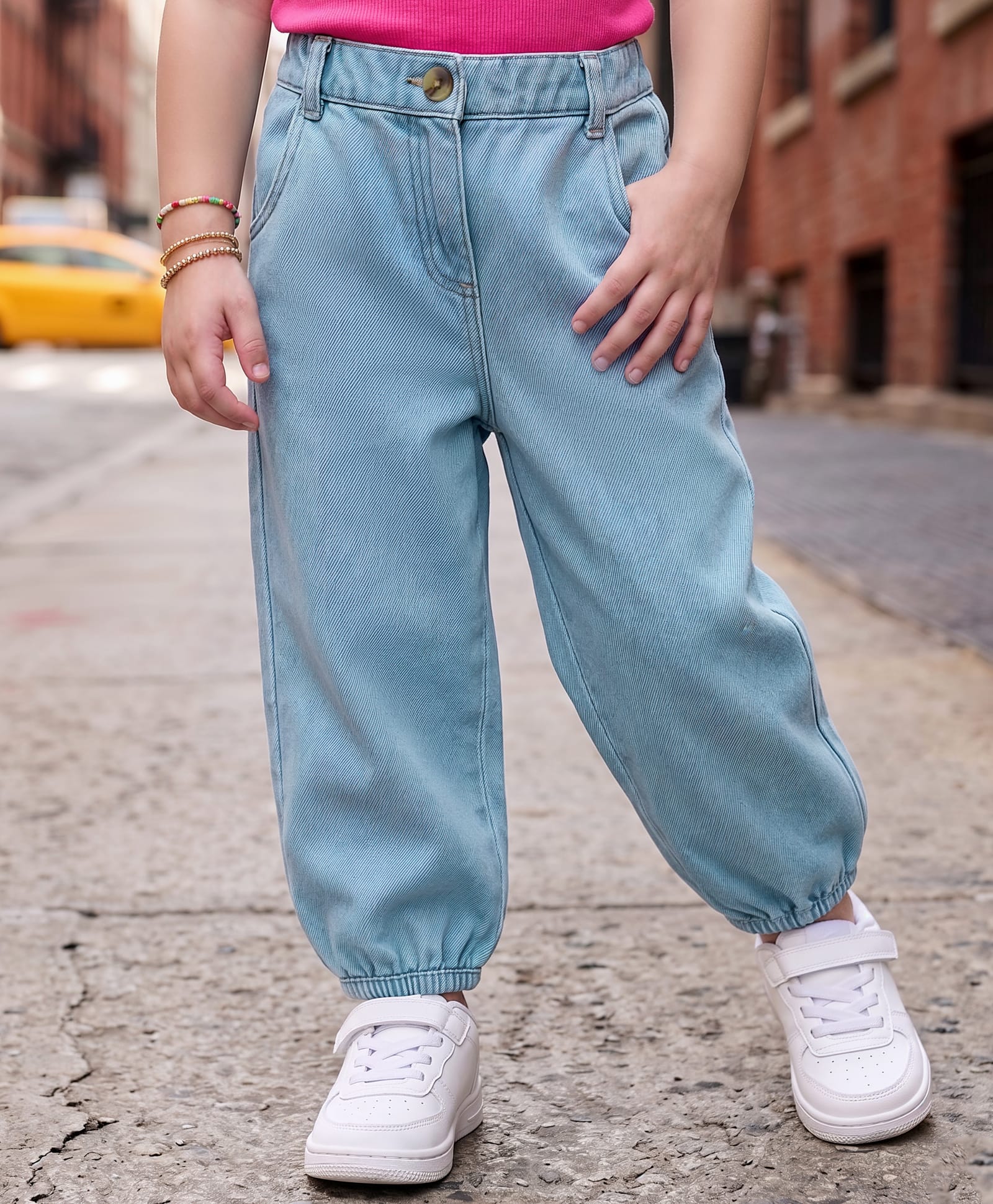 kookie kids india Kookie Kids Woven Full Length Solid Color Pleated Denim Jeans with Elasticated Waist - Light Blue-picture-36