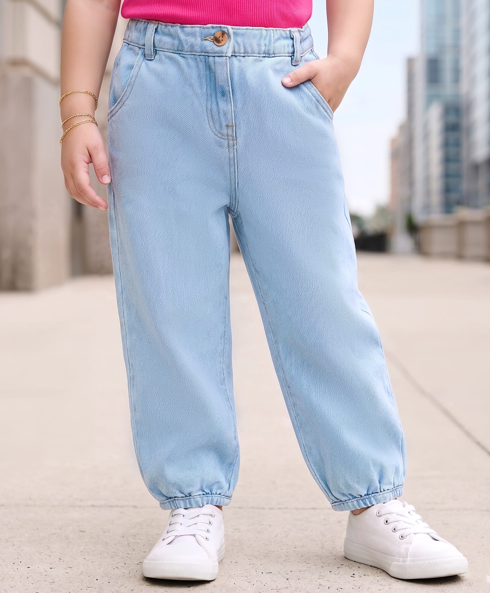 Kookie Kids Denim Woven Full Length Pleated Washed Jeans with Elasticated Waist - Light Blue-image-21