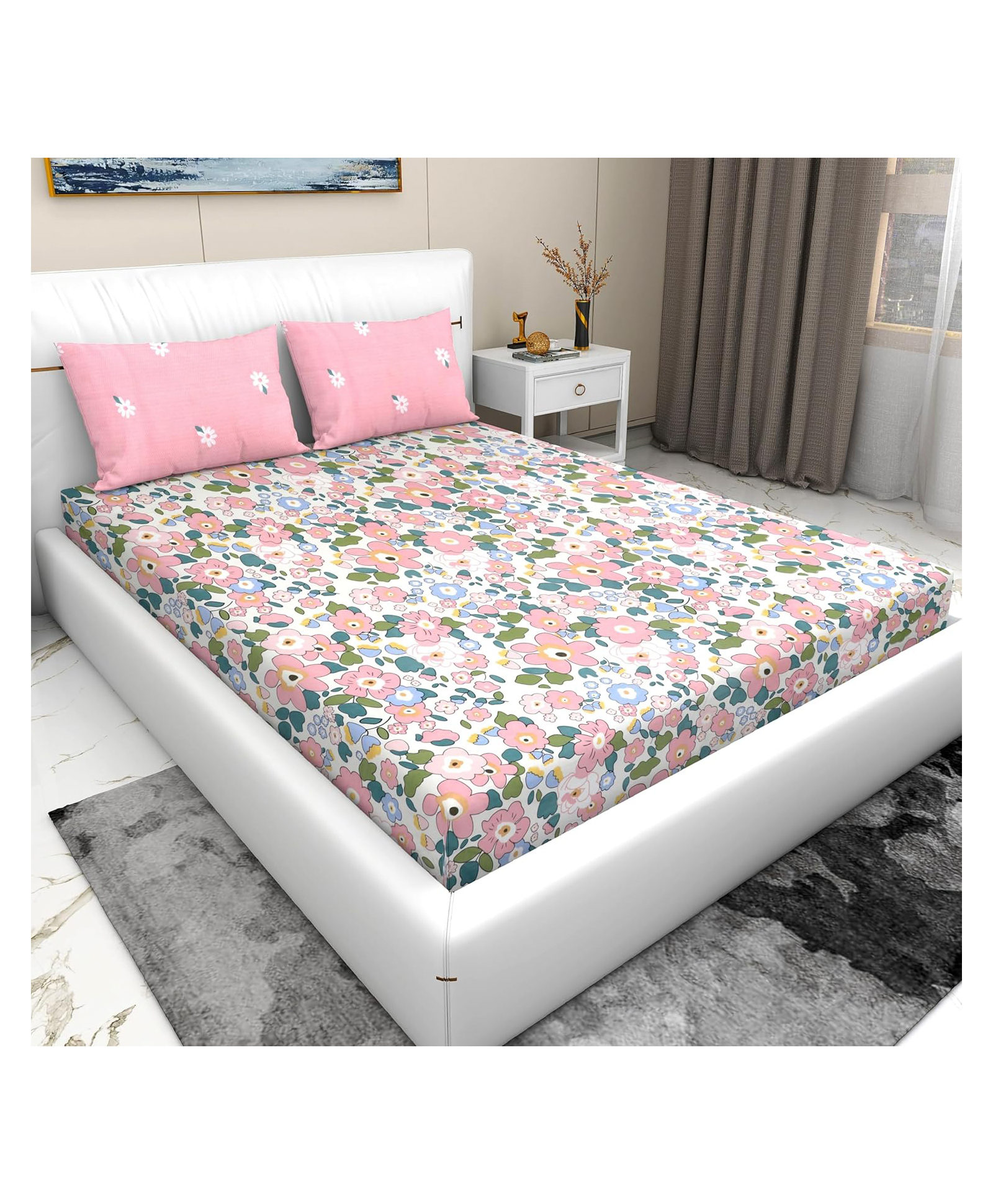 Filymore Floral Double Bed sheet set with 2 pillow covers 240 TC Microfiber Wrinkle Free Soft Hypoallergenic | Cartoon Printed Double Bed Sheet for Standard Bed Size (90x90 Inches)(white and pink)-picture-11