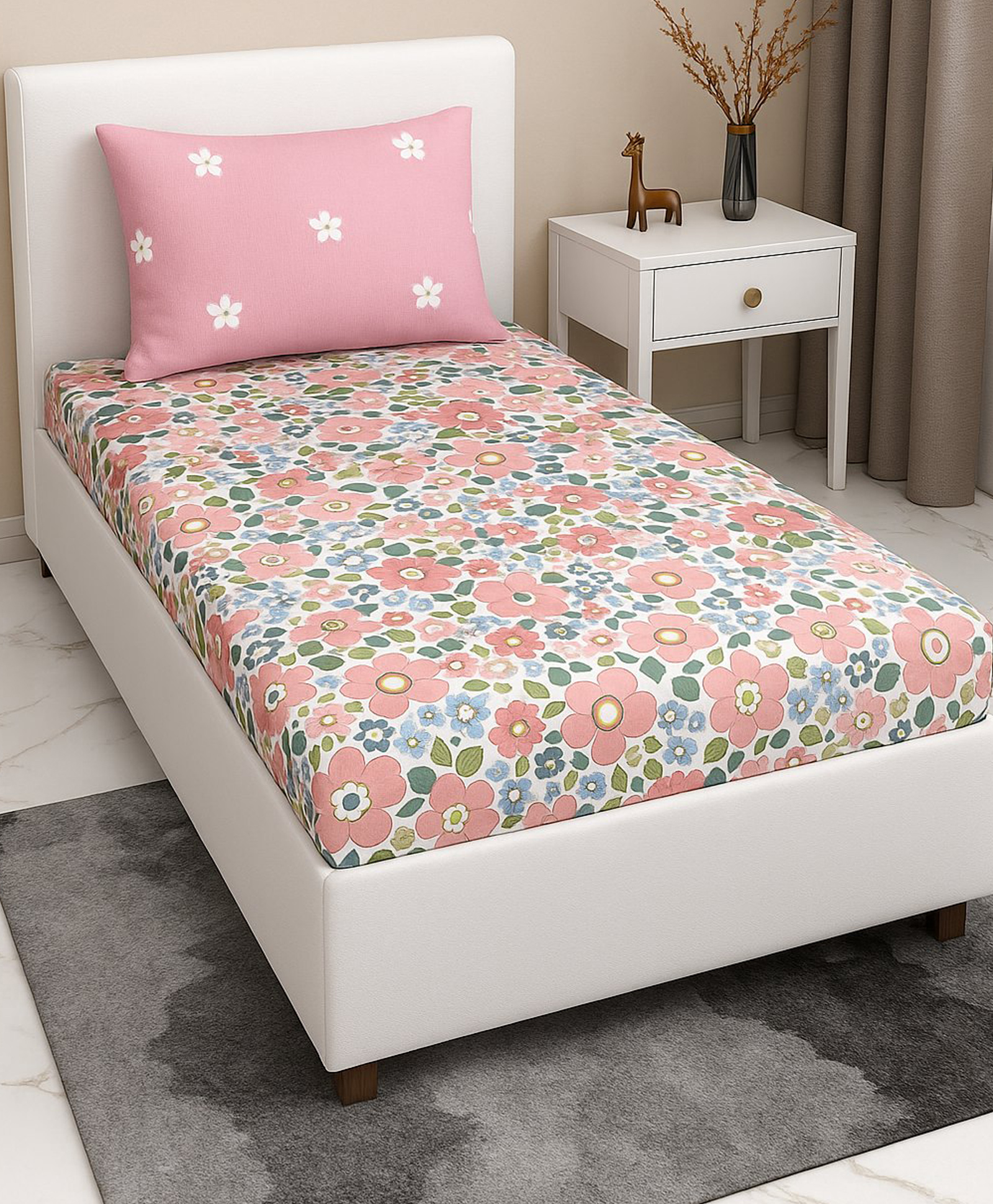 Filymore Floral Single Bedsheet Set with one pillow cover 240 TC Microfiber bedcover Wrinkle Free Soft Hypoallergenic | floral Print Standard Bed Size (90x60 Inches)(white and pink)-image-2