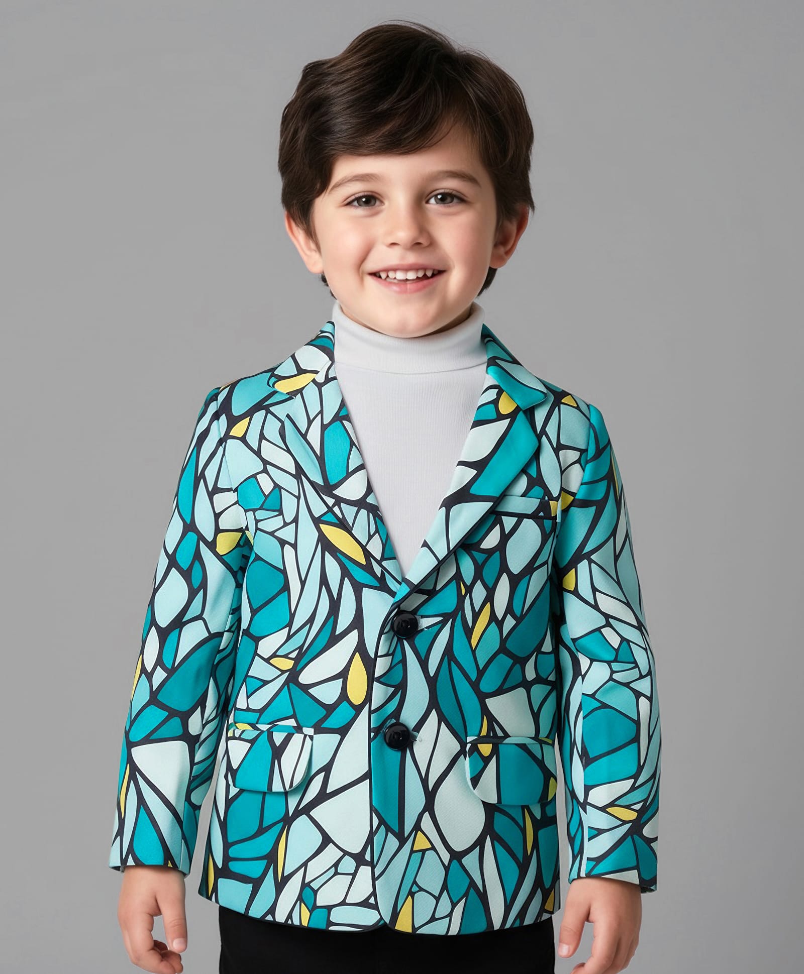 Mark & Mia Knit Full Sleeves Printed Party Blazer With Turtle Neck Inner Tee & Pocket Detailing - Blue-image-10