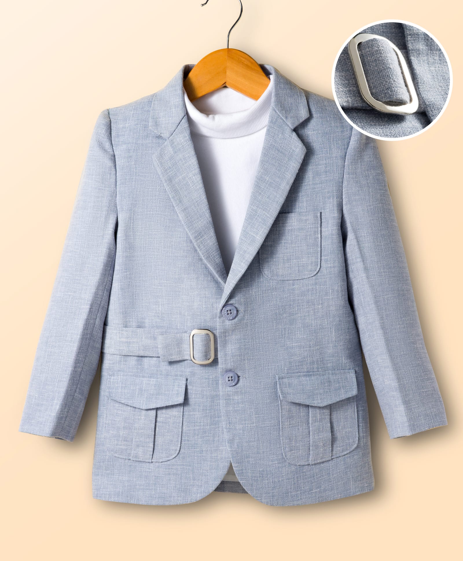 Mark & Mia Knit Full Sleeves Solid Blazer With Turtle Neck Inner Tee & Pocket Detailing - Light Blue & White-picture-16