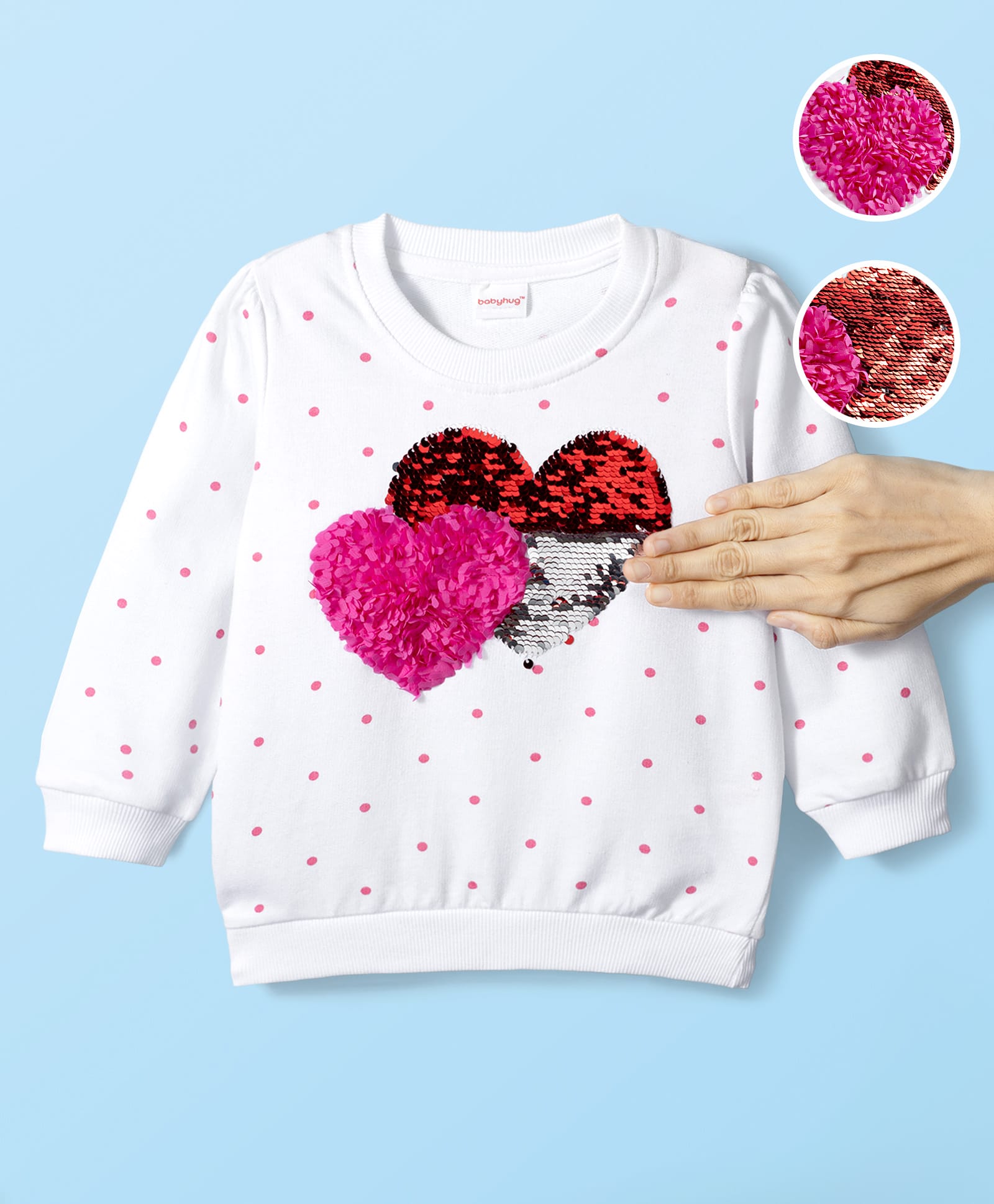 Babyhug Terry Knit Full Sleeves Sweatshirt With Polka Dot Print & Reversible Sequins - White-image-5