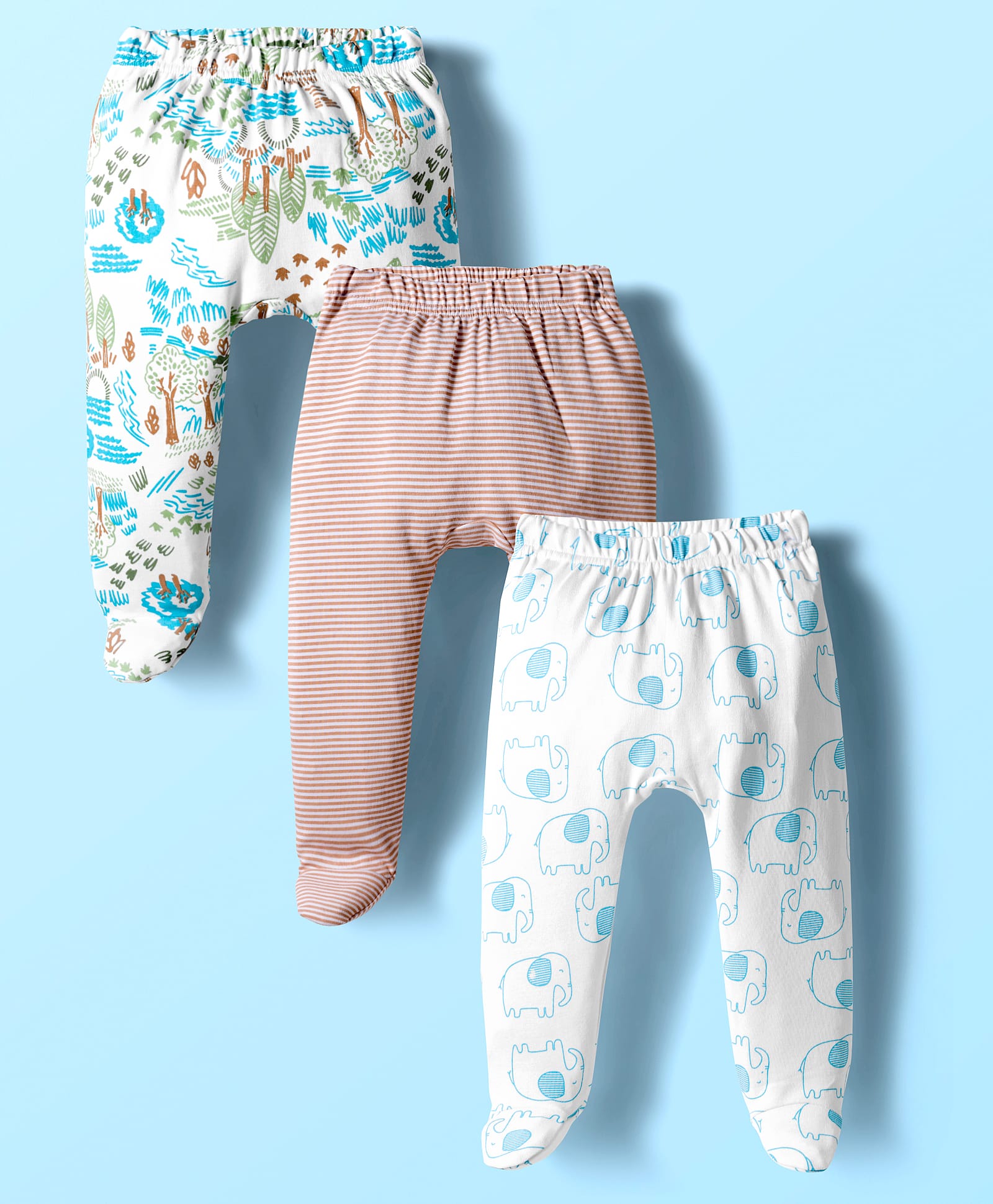 Kookie Kids Interlock Knit Bootie Leggings with Stripes Nature & Animal Print Pack of 3 - White & Light Brown-image-32