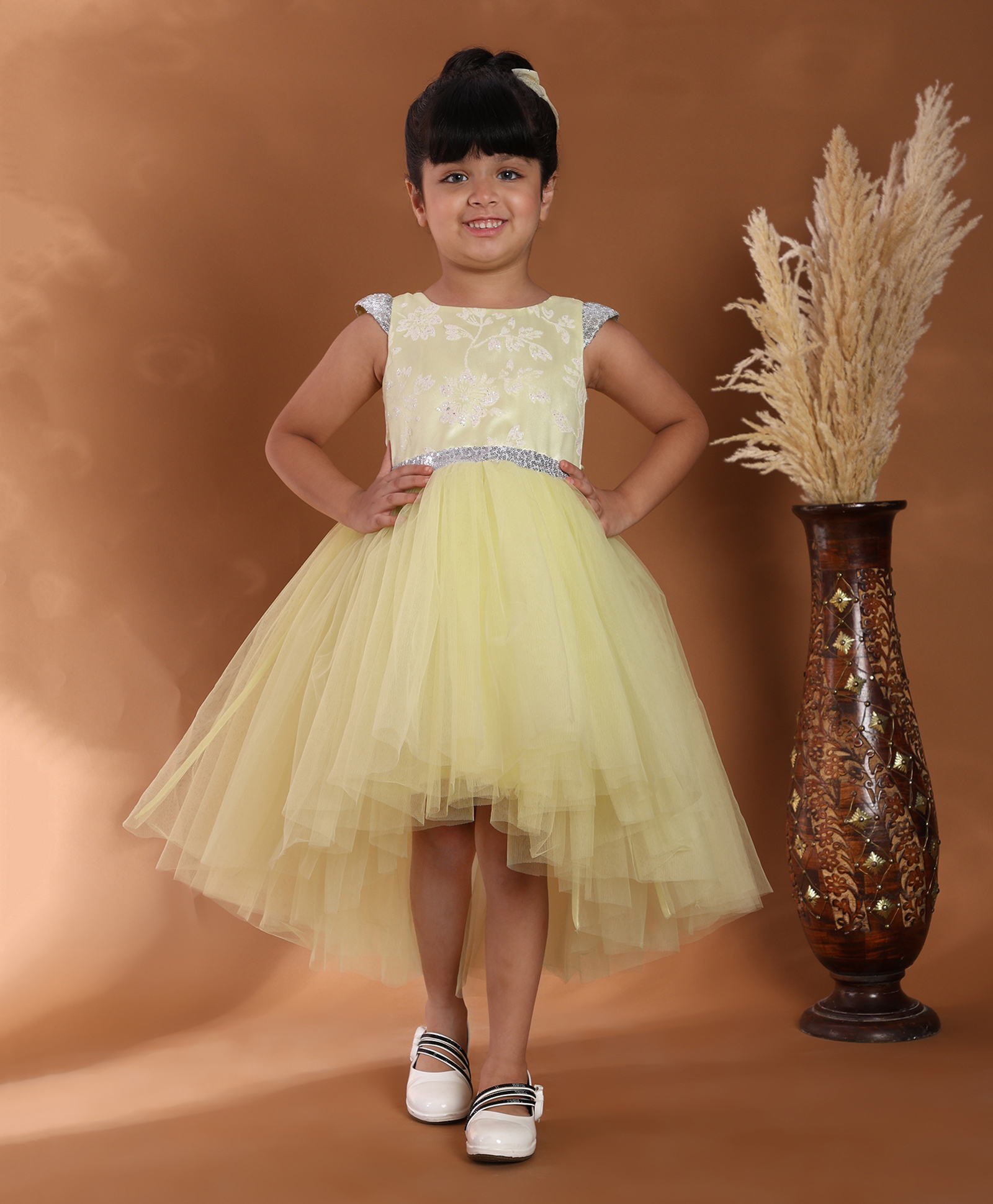 Toy Balloon Kids Net Woven Cap Sleeves Floral Embroidered Sequins Embellished High Low Dress - Yellow-image-48