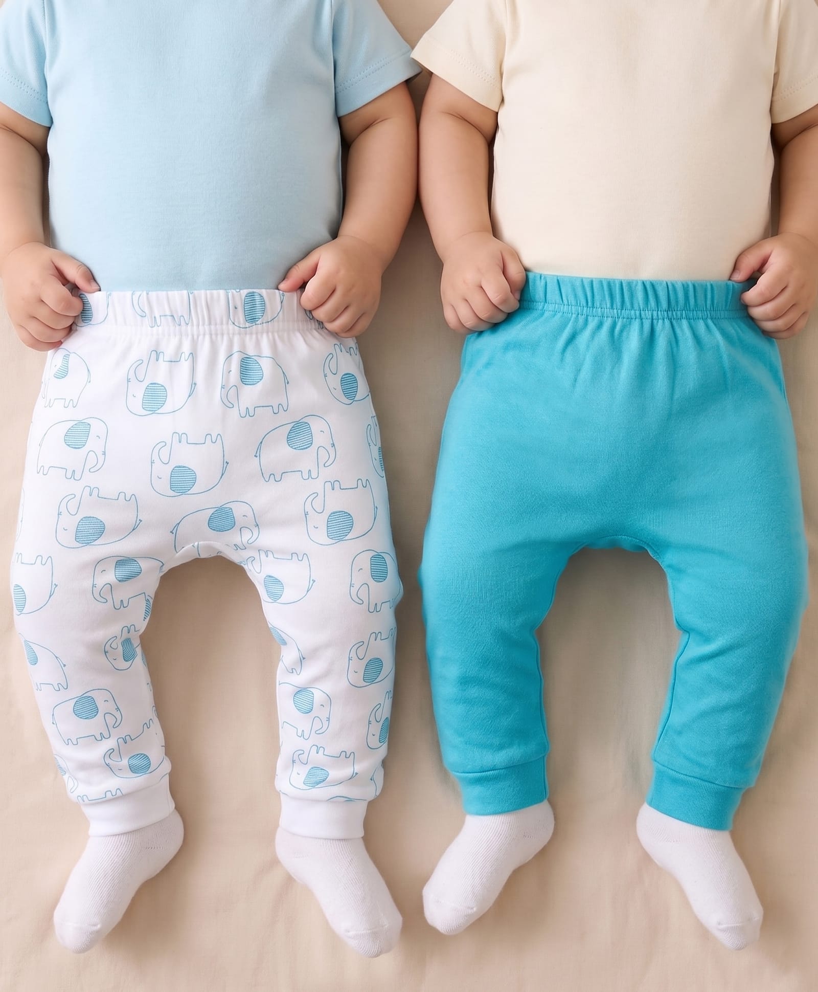 Kookie Kids Interlock Knit Full length Diaper Leggings with Animal Print Pack of 2 - White & Aqua Blue-image-24