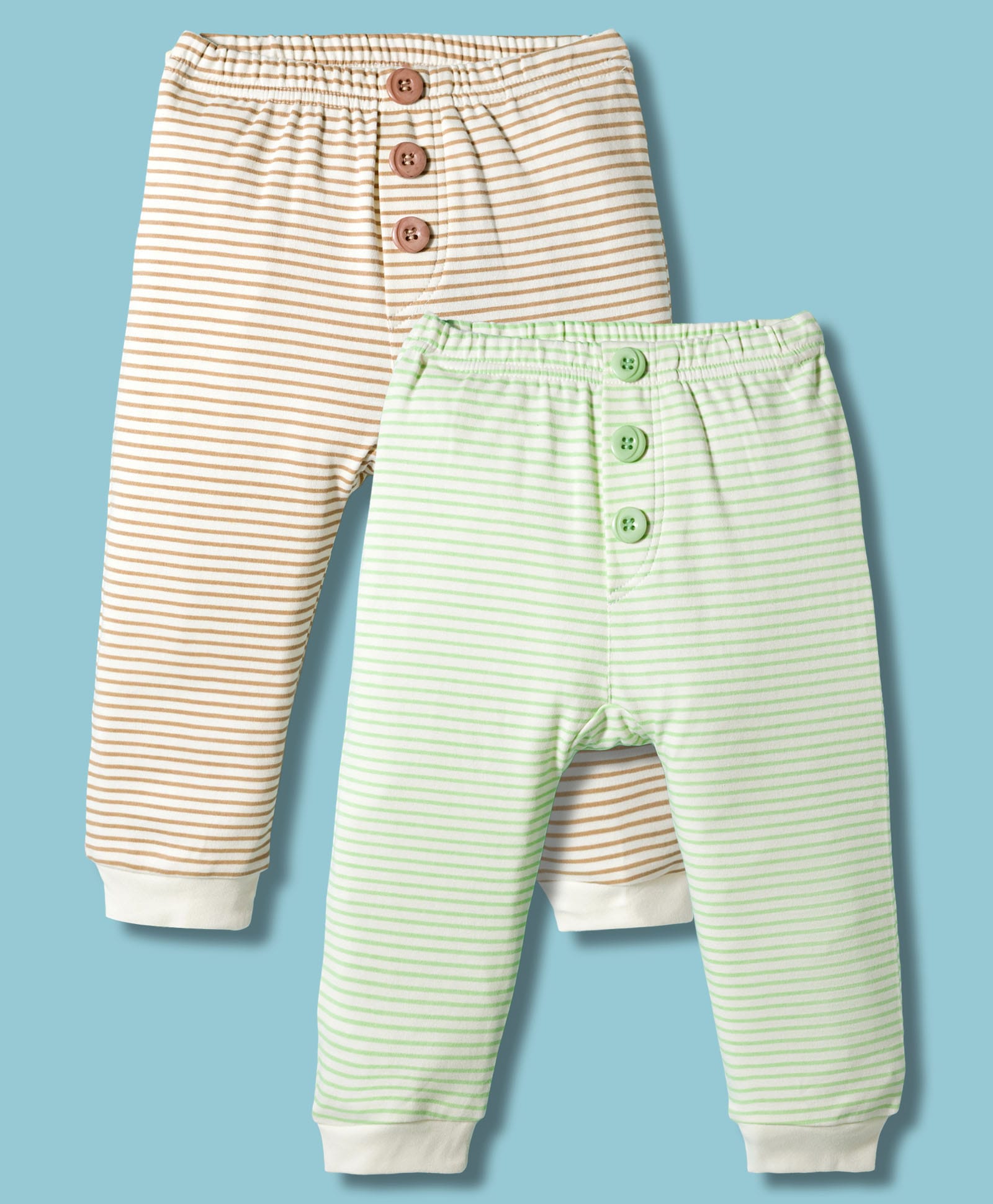 Kookie Kids India Interlock Knit Full Length Diaper Leggings With Stripes Pack Of 2 - Light Green & Brown-image-33
