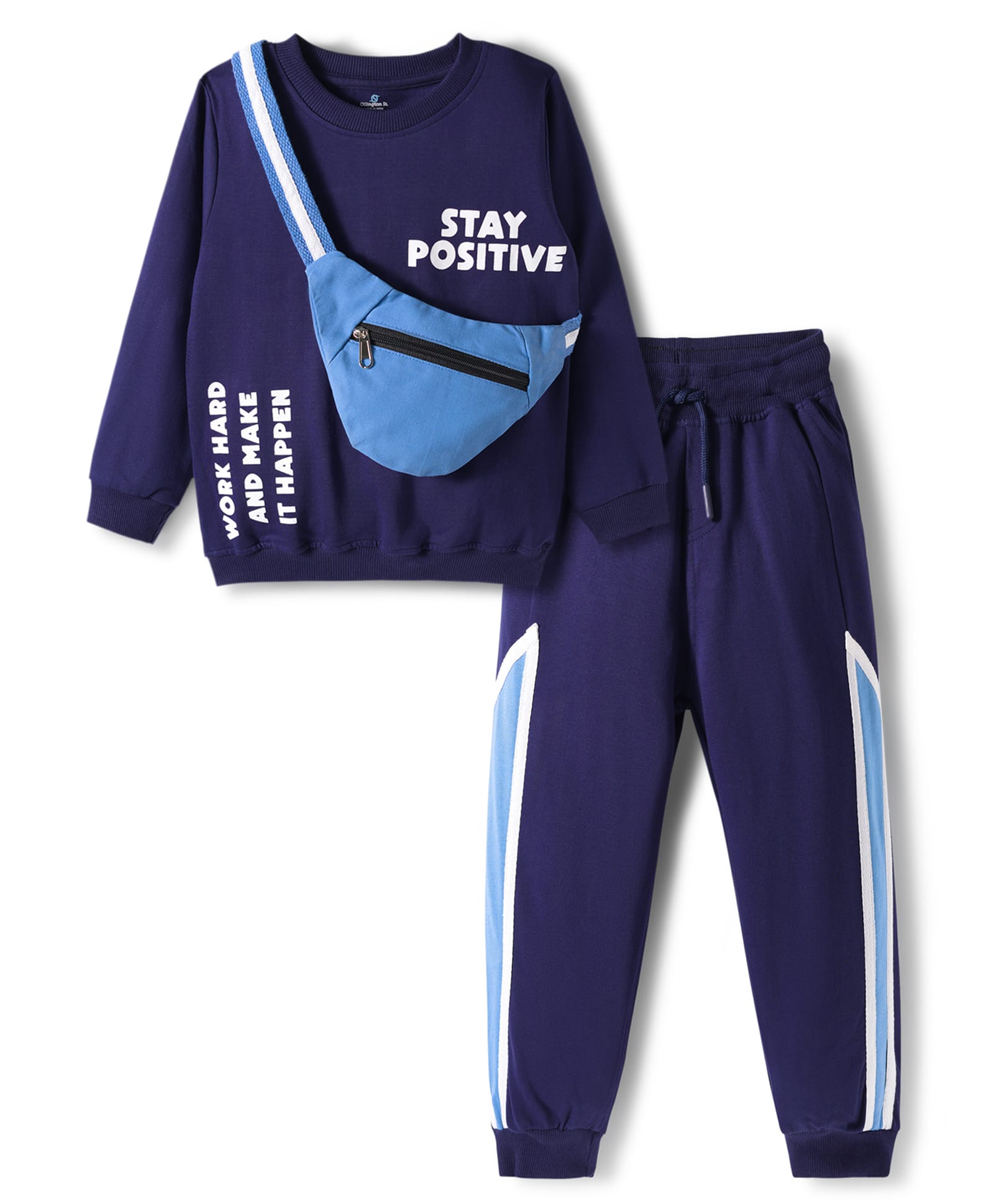 OLLINGTON ST. Cotton Knit Full Sleeves Printed Sweatshirt & Jogger Set with Fanny Pack - Navy Blue-image-2