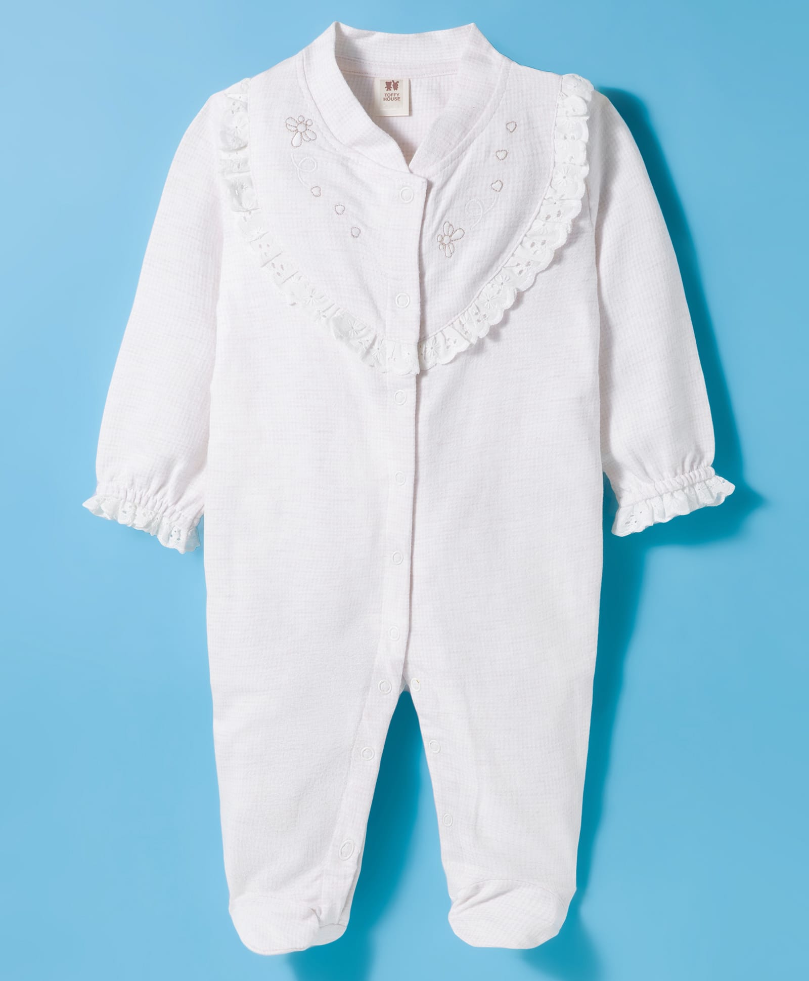 ToffyHouse Waffle Knit Full Sleeves Footed Sleep Suit with Floral Embroidery - Light Beige-image-23