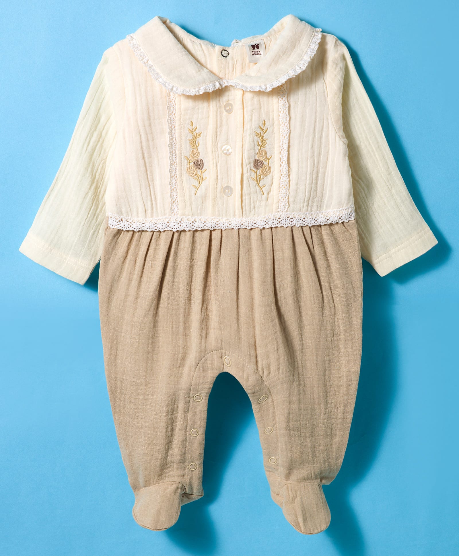 ToffyHouse Muslin Knit Full Sleeves Footed Sleep Suit With Floral Embroidery - Off White & Beige-picture-30