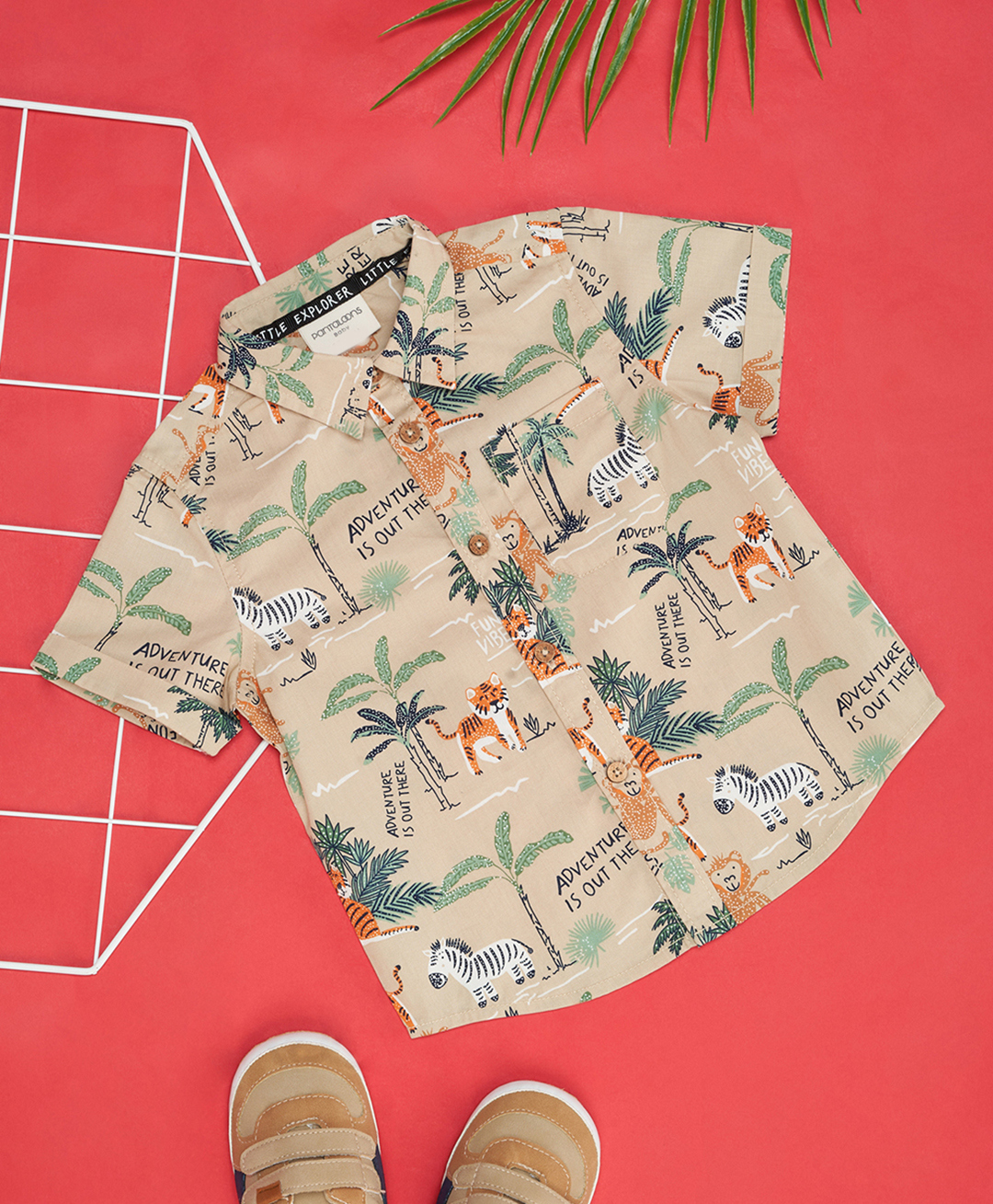 Pantaloons Baby Cotton Woven Half Sleeves Wild Animals Printed Shirt - Khaki-picture-41