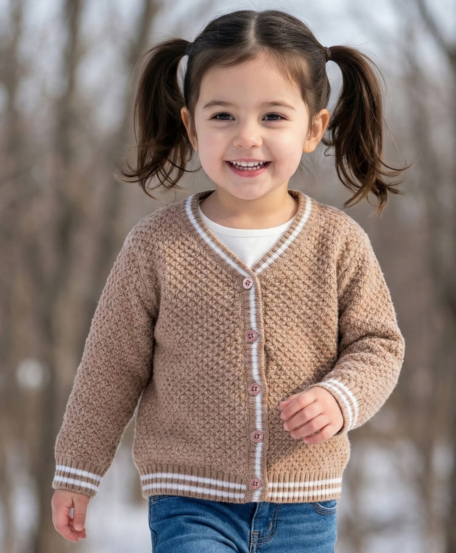 Babyhug Knit Full Sleeves Front Open Sweater with Stripe Detailing - Brown-image-49