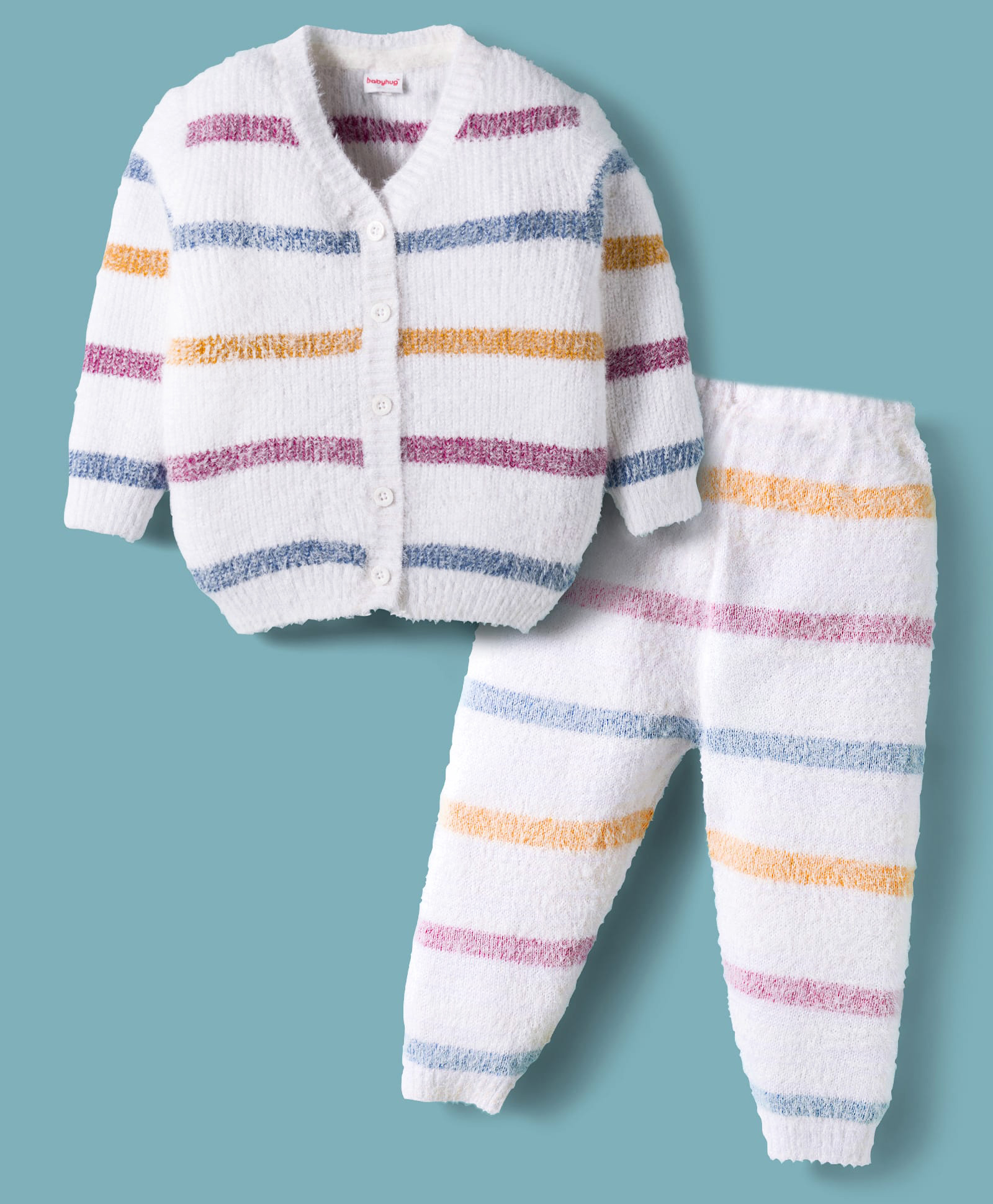 Babyhug Knit Full Sleeves Front Open Sweater & Pant Set with Stripe Design - White-picture-27